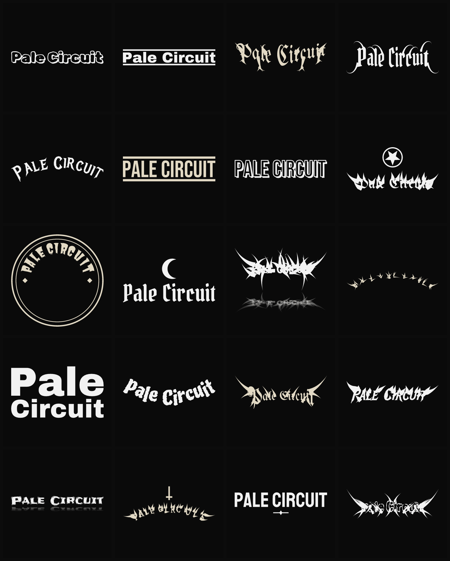 Twenty Pale Circuit band logo ideas — different faces, treatments and spike settings