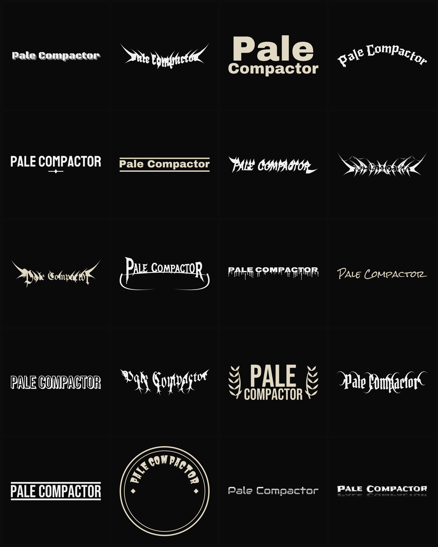 Twenty Pale Compactor band logo ideas — different faces, treatments and spike settings