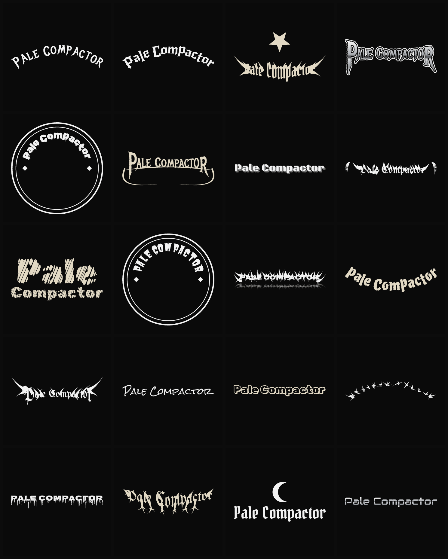 Twenty Pale Compactor band logo ideas — different faces, treatments and spike settings