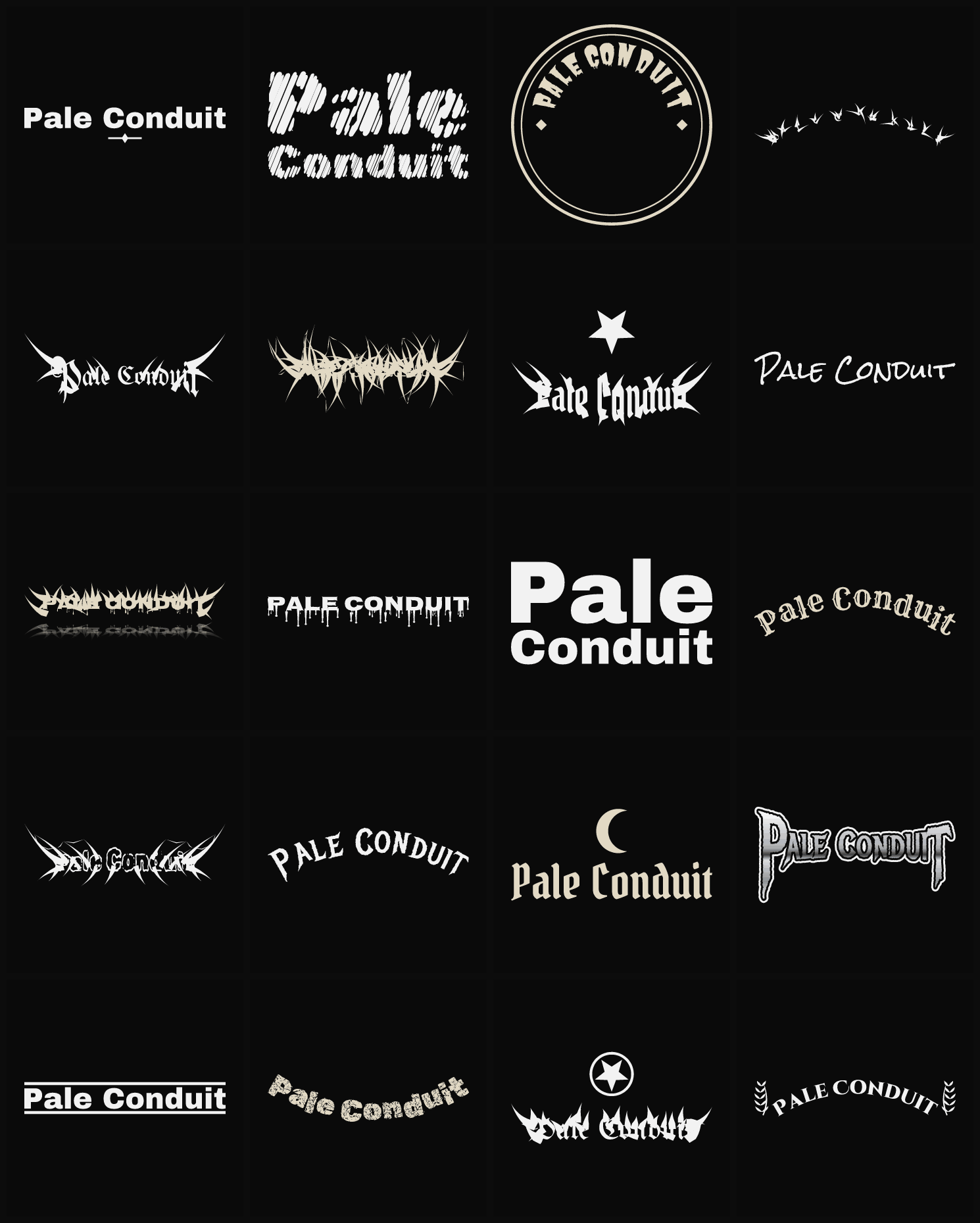 Twenty Pale Conduit band logo ideas — different faces, treatments and spike settings