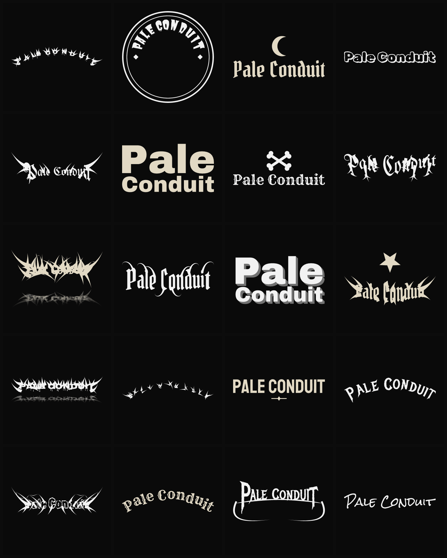 Twenty Pale Conduit band logo ideas — different faces, treatments and spike settings