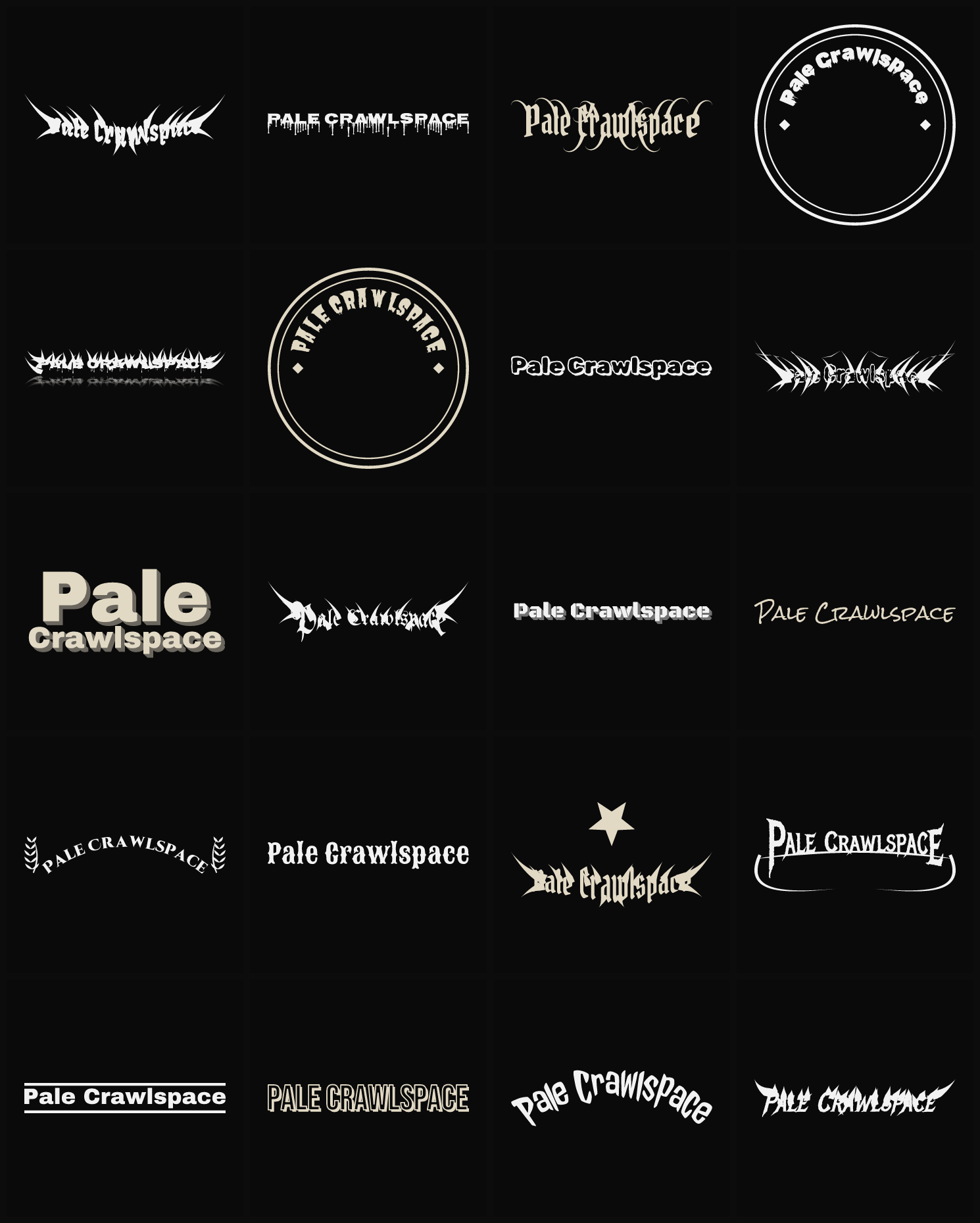 Twenty Pale Crawlspace band logo ideas — different faces, treatments and spike settings