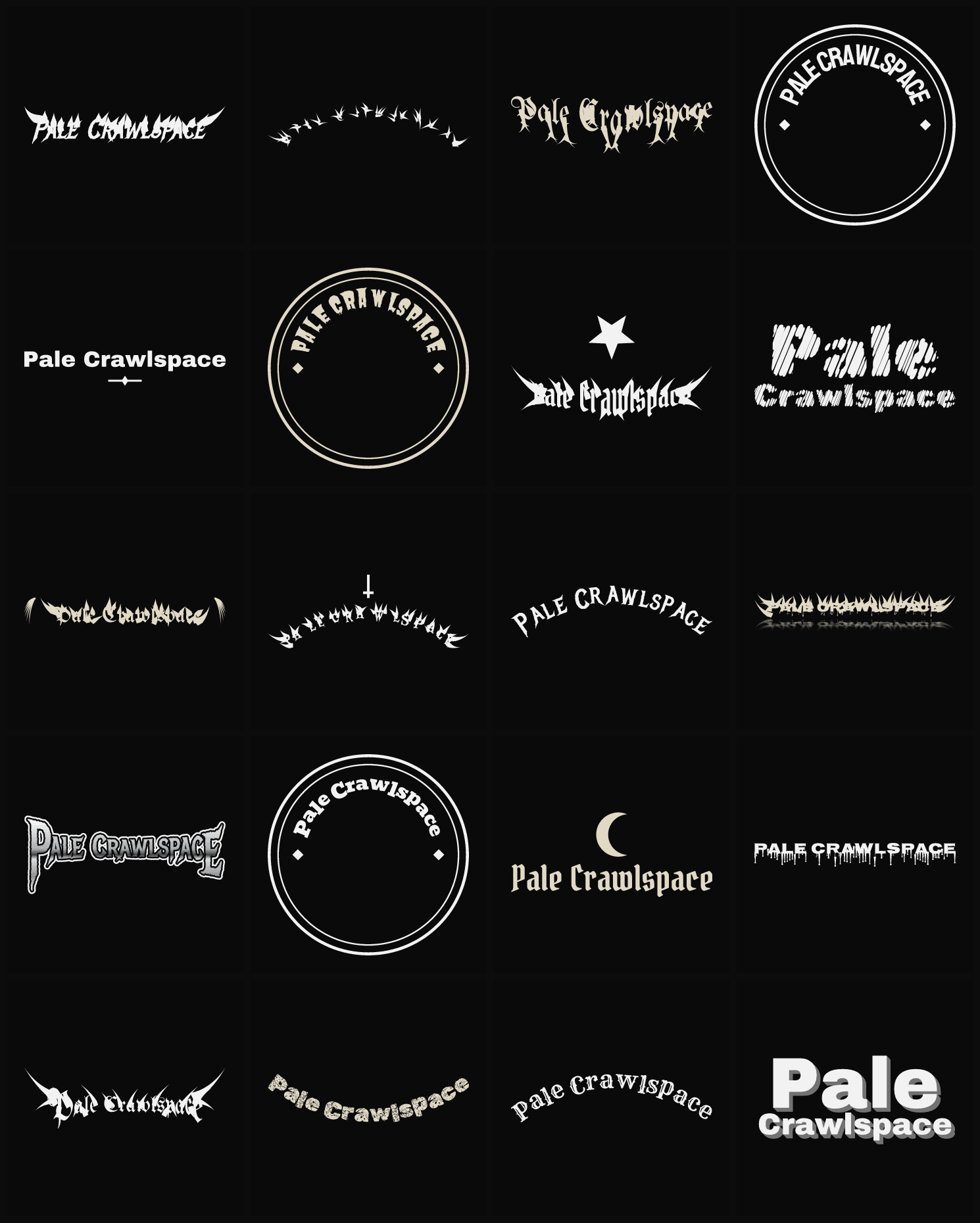 Twenty Pale Crawlspace band logo ideas — different faces, treatments and spike settings