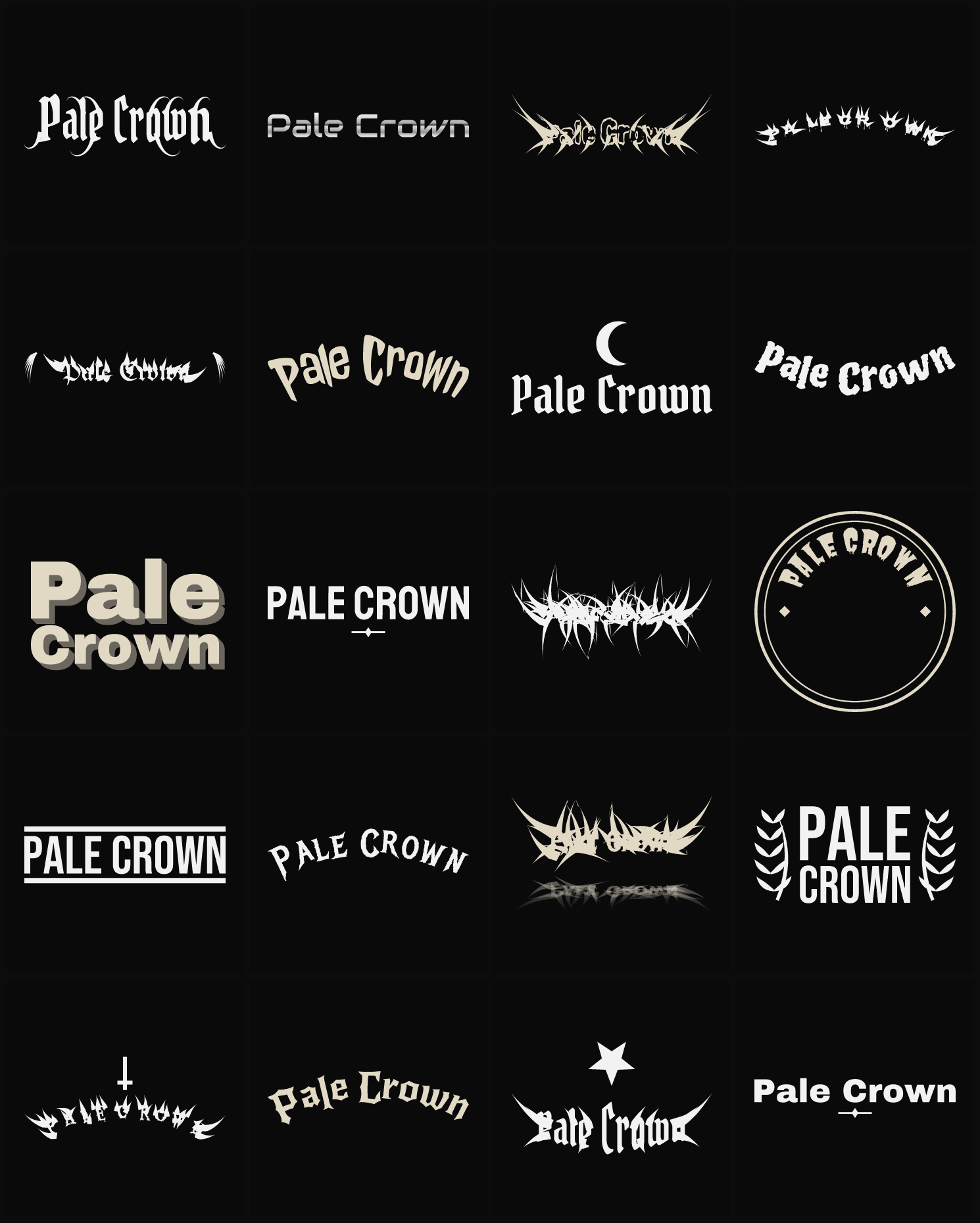 Twenty Pale Crown band logo ideas — different faces, treatments and spike settings
