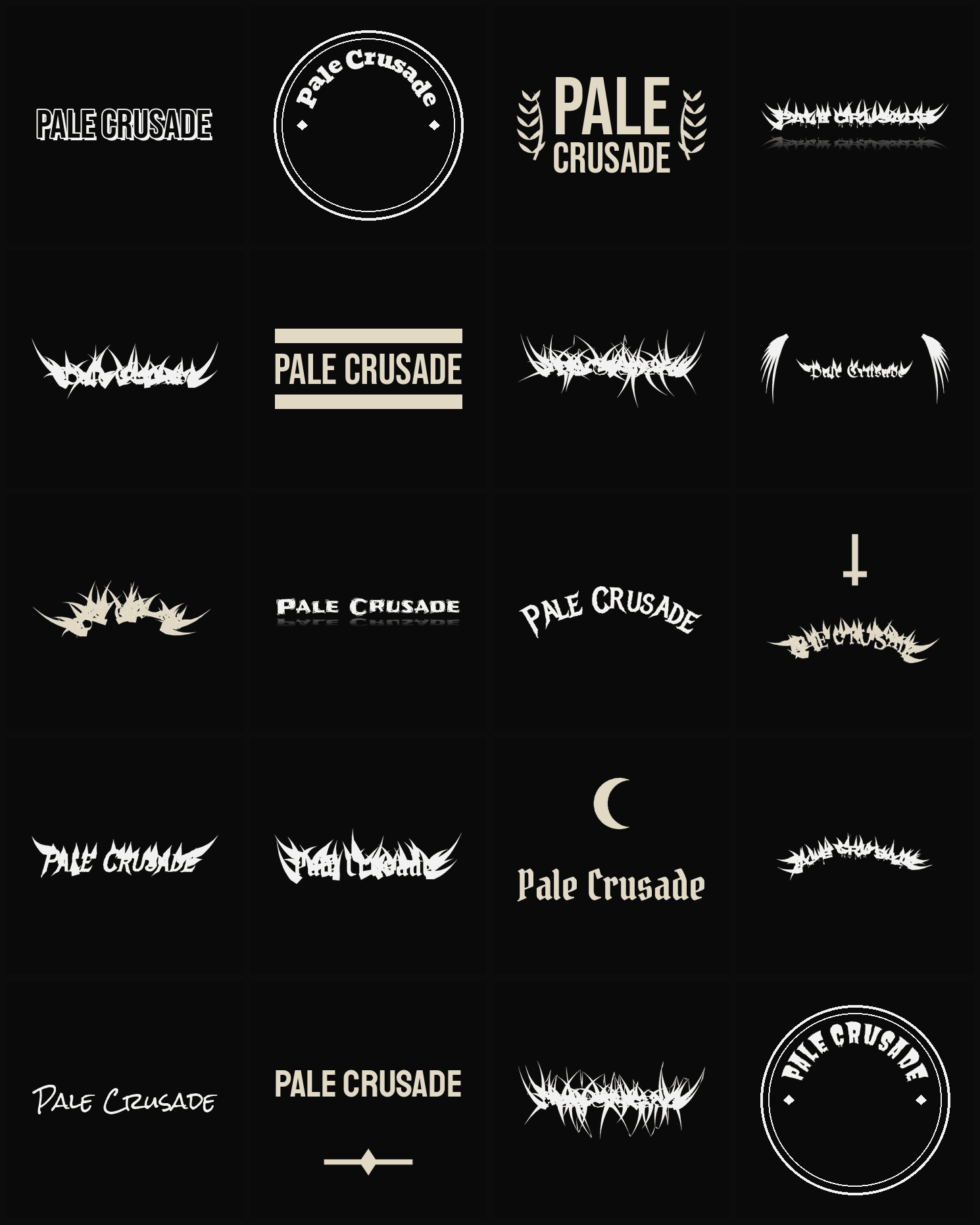 Twenty Pale Crusade band logo ideas — different faces, treatments and spike settings