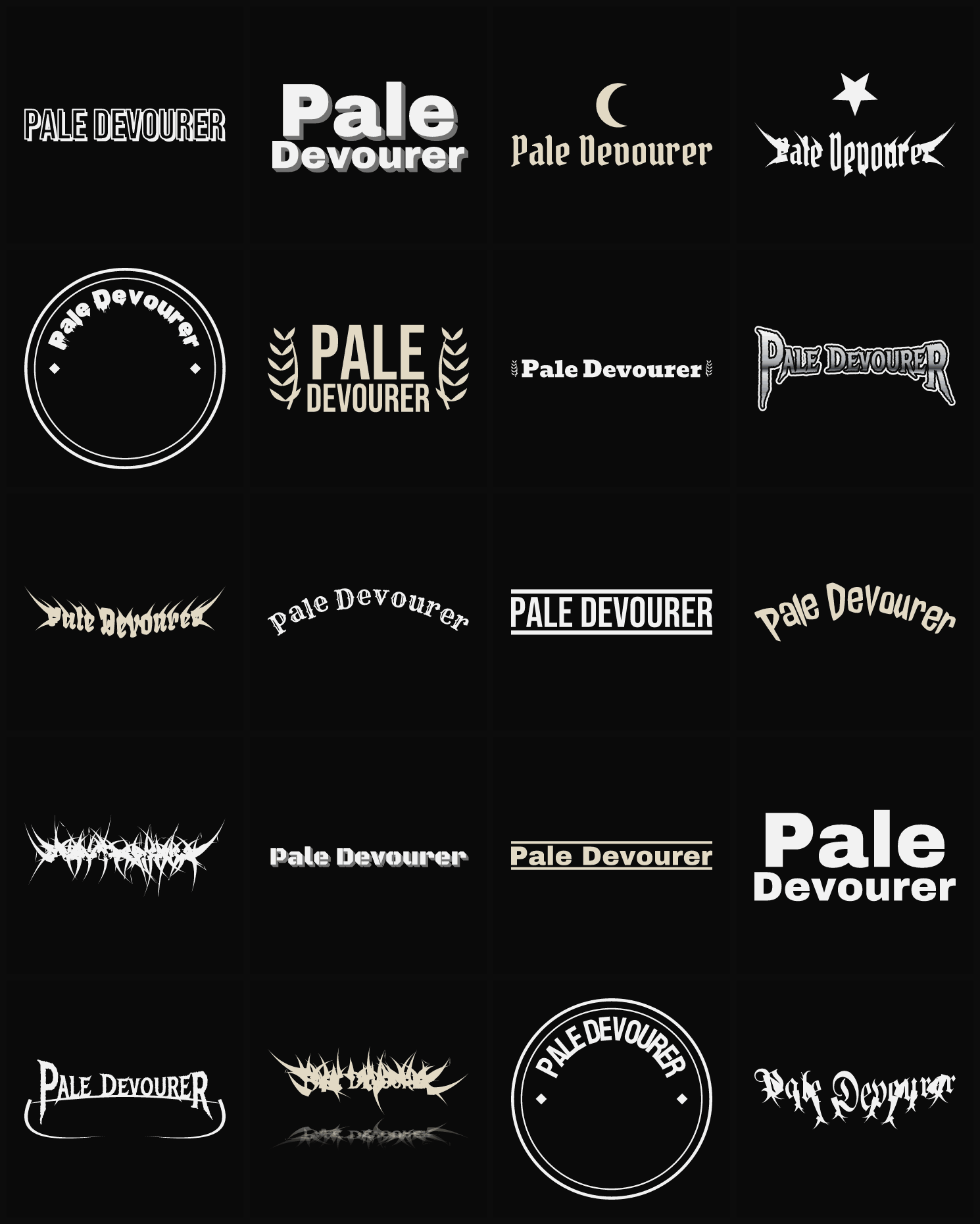 Twenty Pale Devourer band logo ideas — different faces, treatments and spike settings
