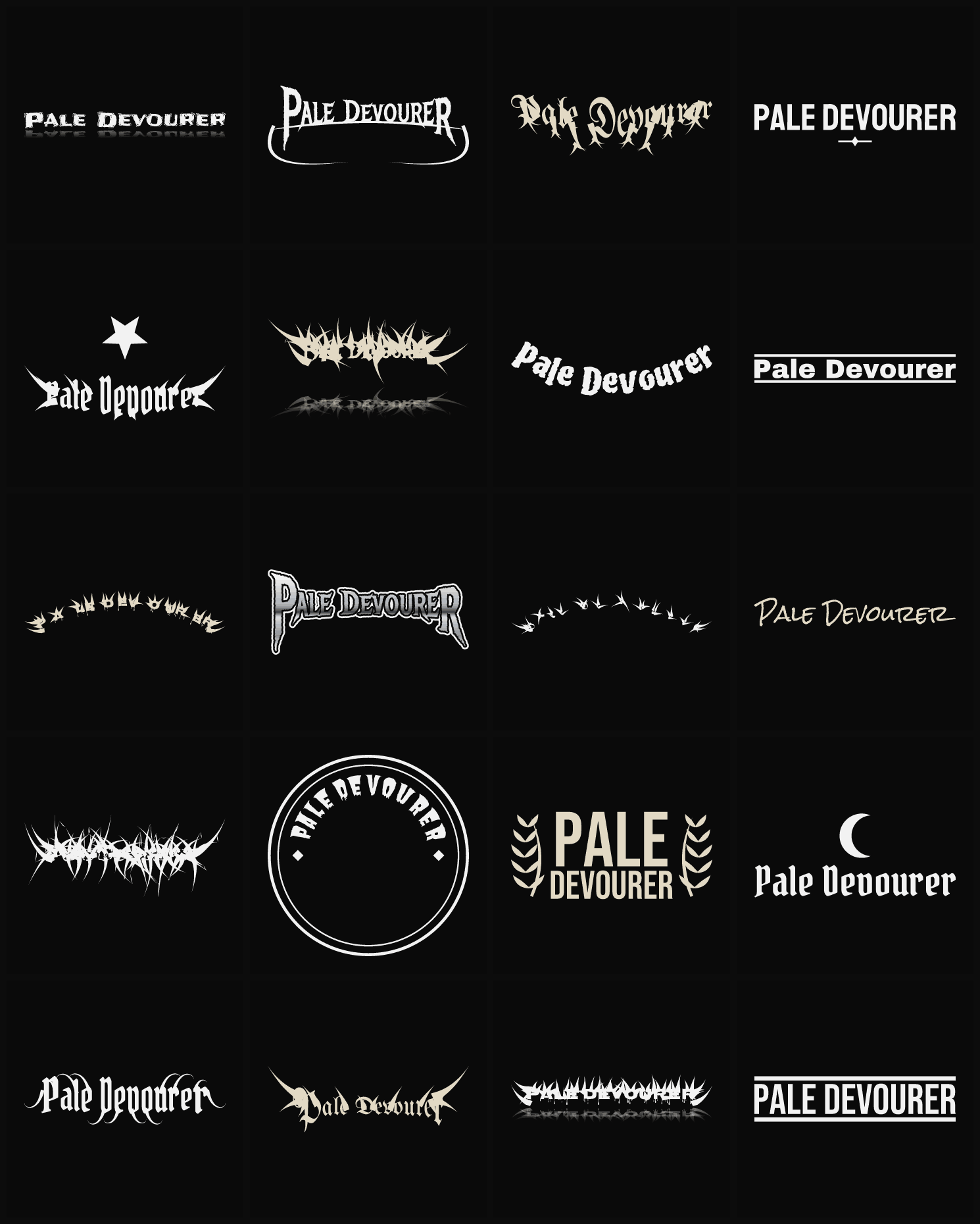 Twenty Pale Devourer band logo ideas — different faces, treatments and spike settings