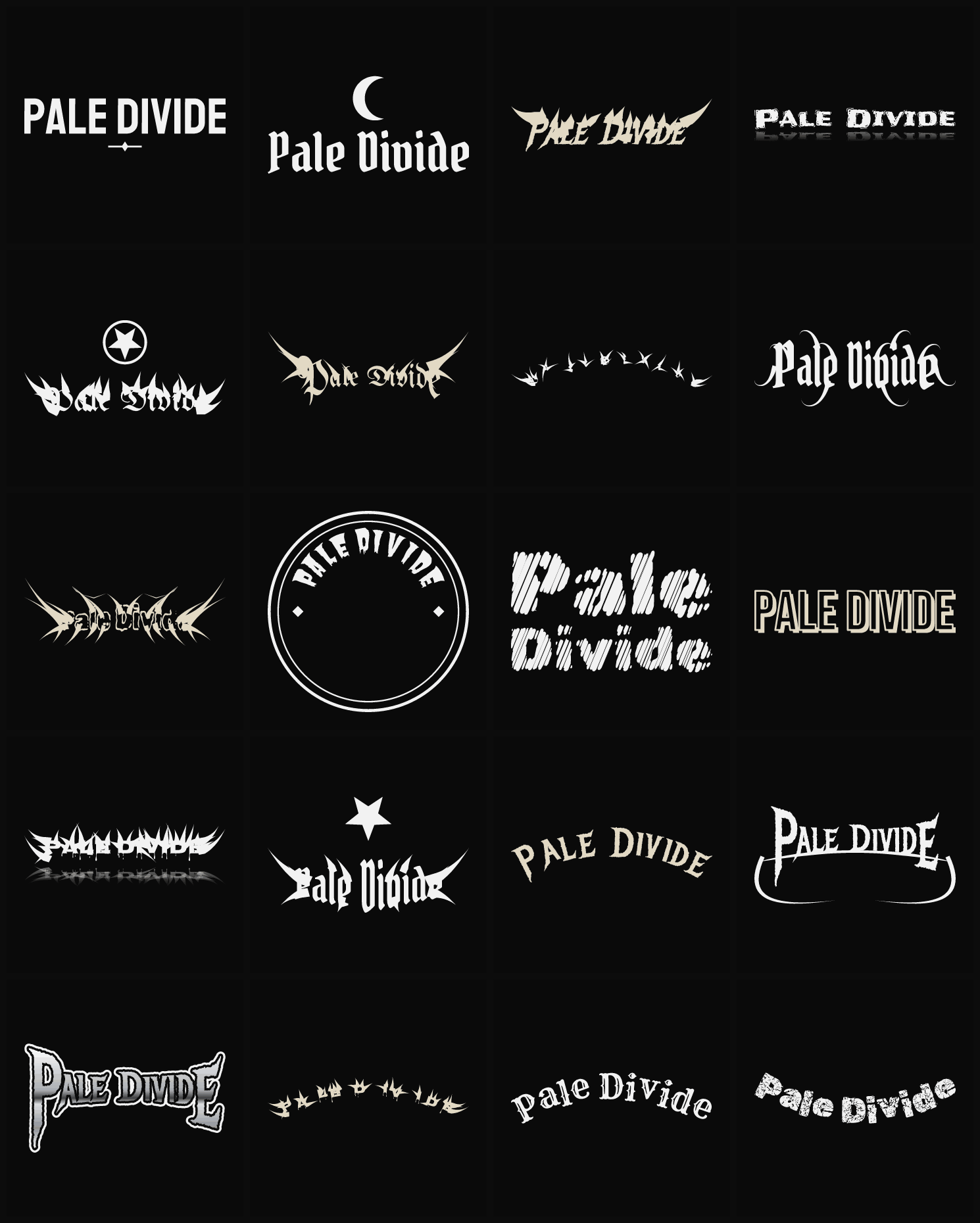 Twenty Pale Divide band logo ideas — different faces, treatments and spike settings