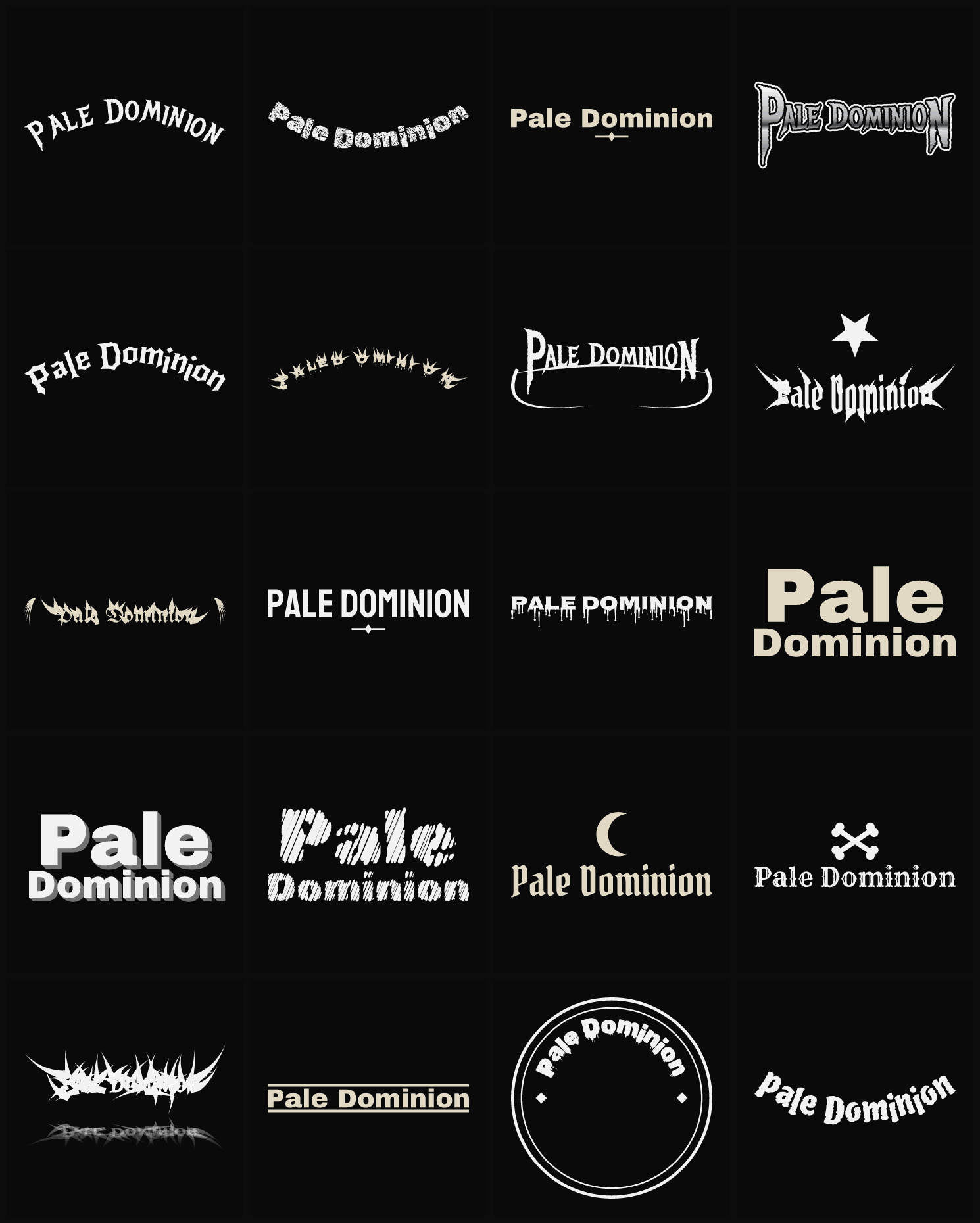 Twenty Pale Dominion band logo ideas — different faces, treatments and spike settings