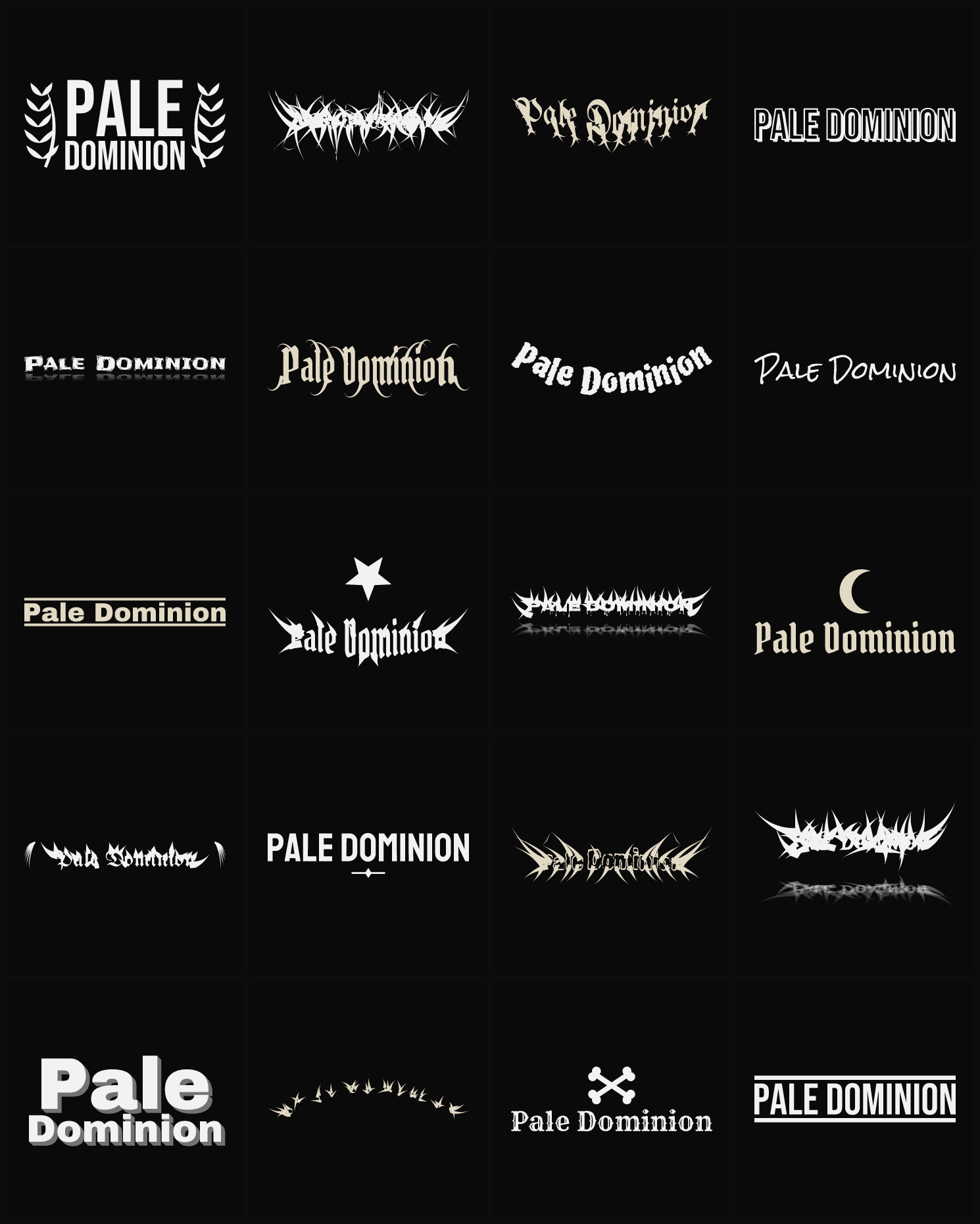 Twenty Pale Dominion band logo ideas — different faces, treatments and spike settings