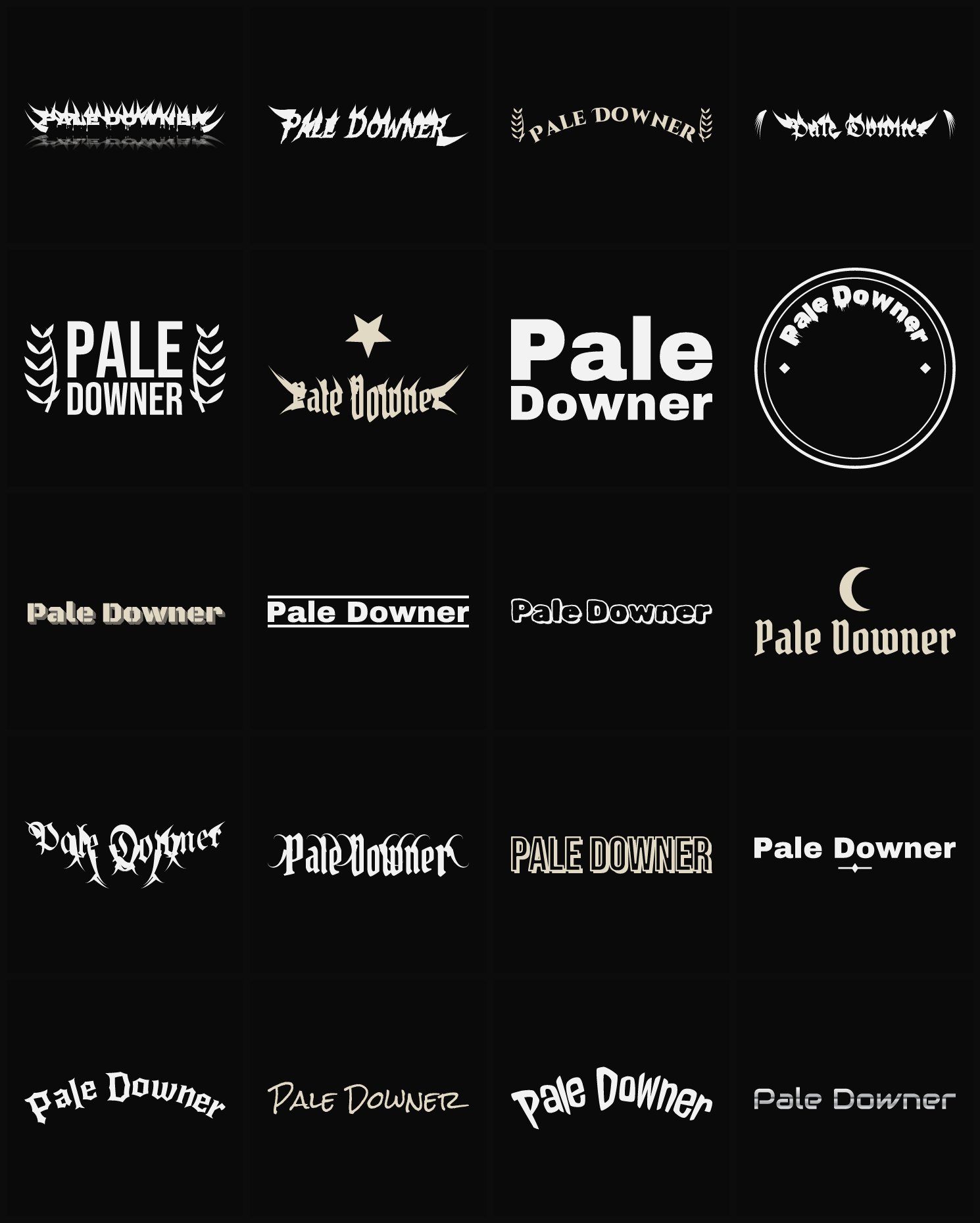 Twenty Pale Downer band logo ideas — different faces, treatments and spike settings