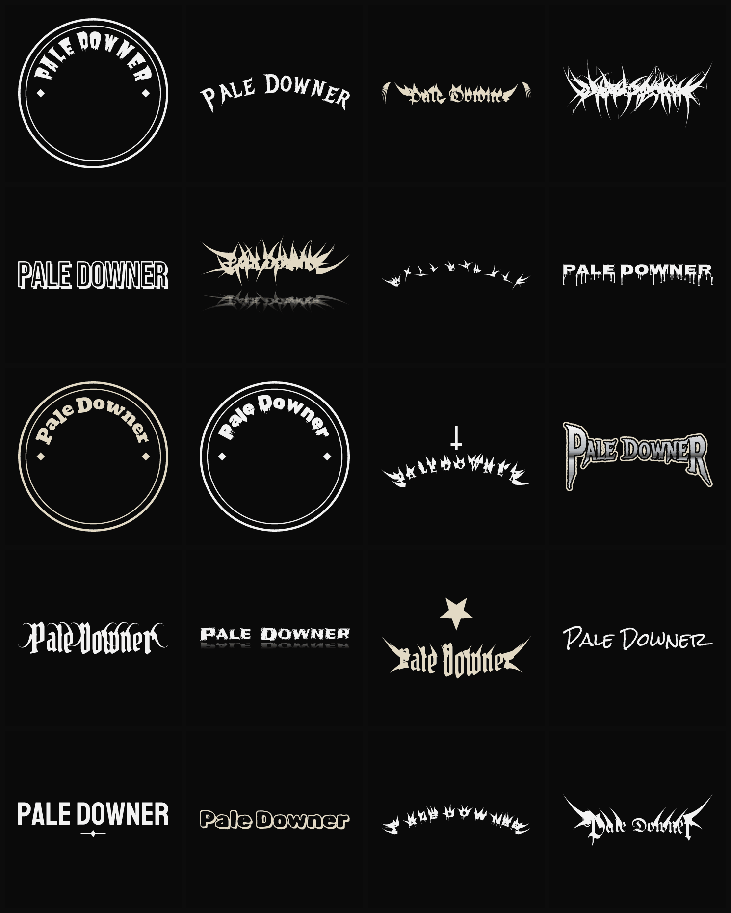 Twenty Pale Downer band logo ideas — different faces, treatments and spike settings