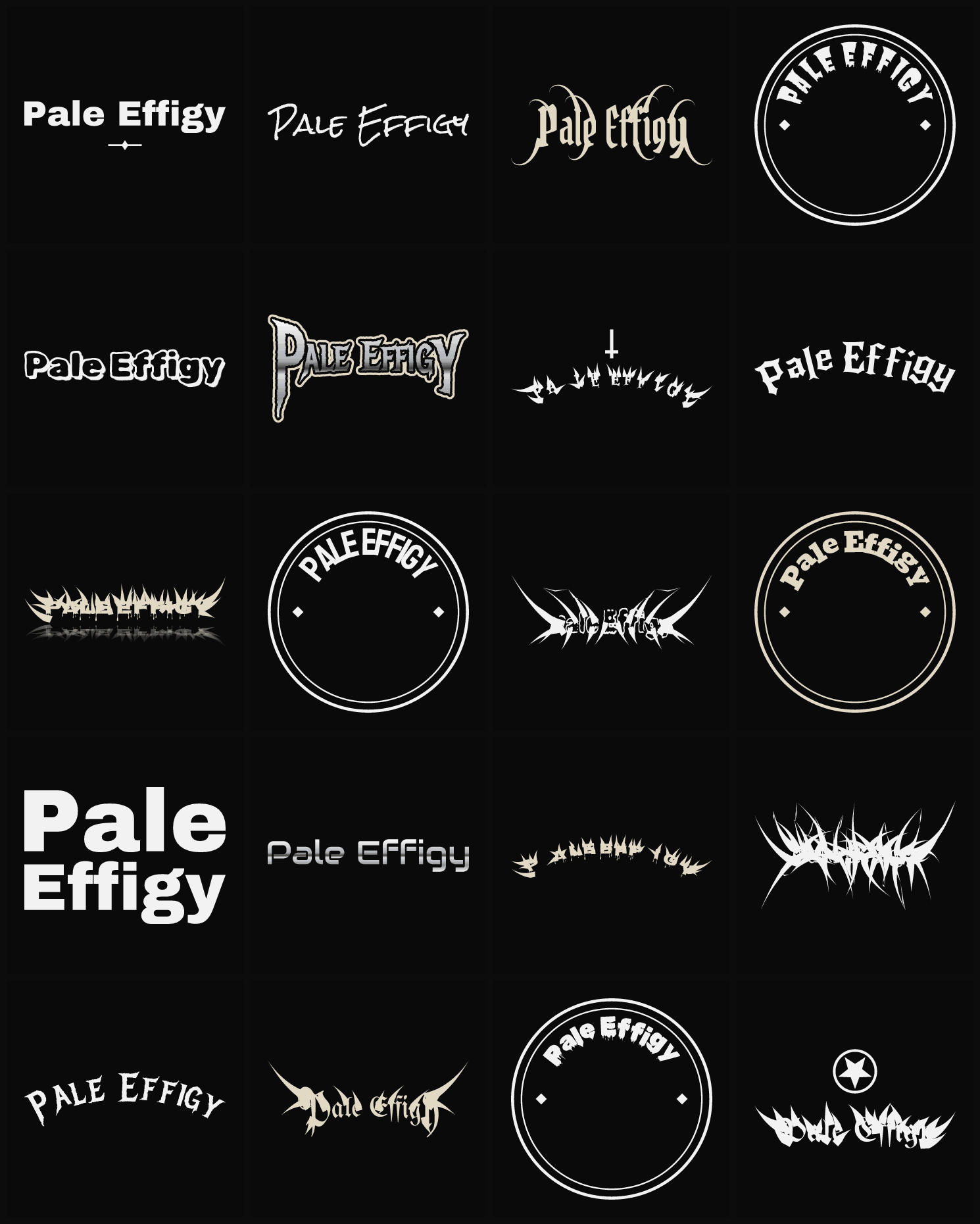 Twenty Pale Effigy band logo ideas — different faces, treatments and spike settings