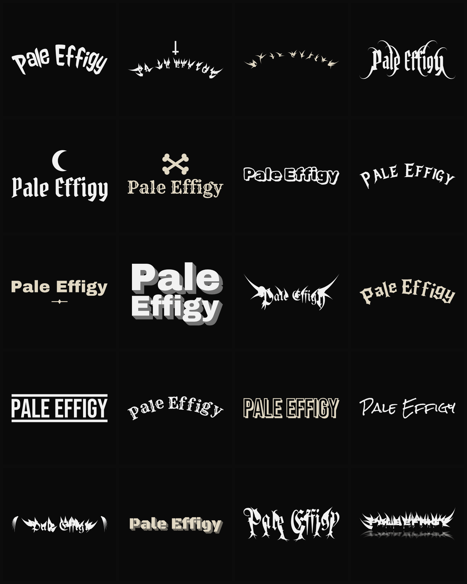 Twenty Pale Effigy band logo ideas — different faces, treatments and spike settings
