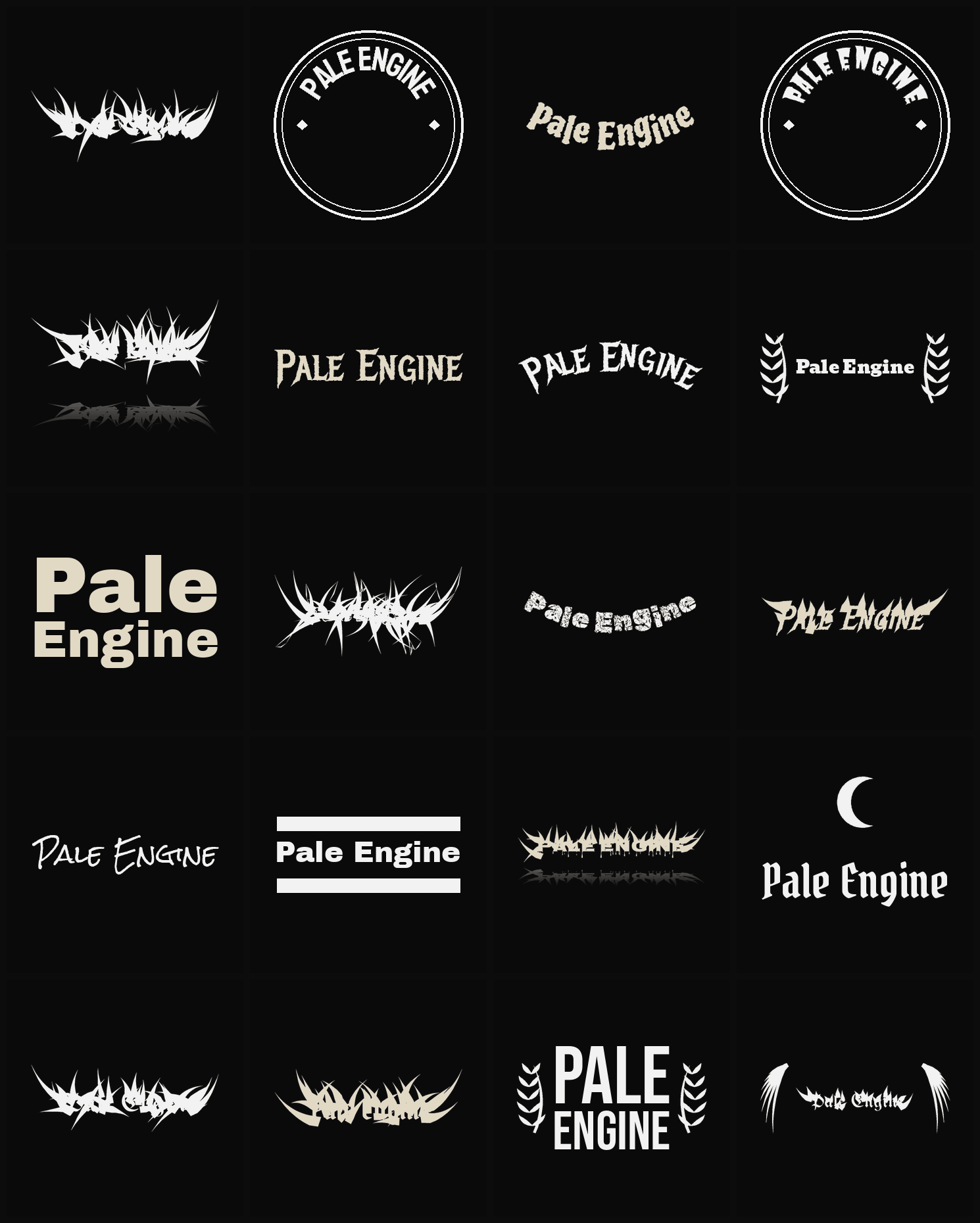 Twenty Pale Engine band logo ideas — different faces, treatments and spike settings