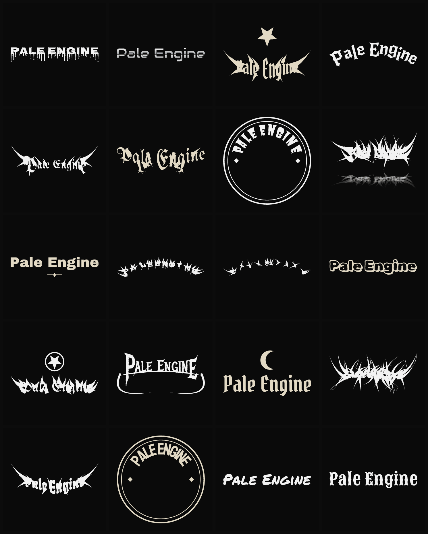 Twenty Pale Engine band logo ideas — different faces, treatments and spike settings