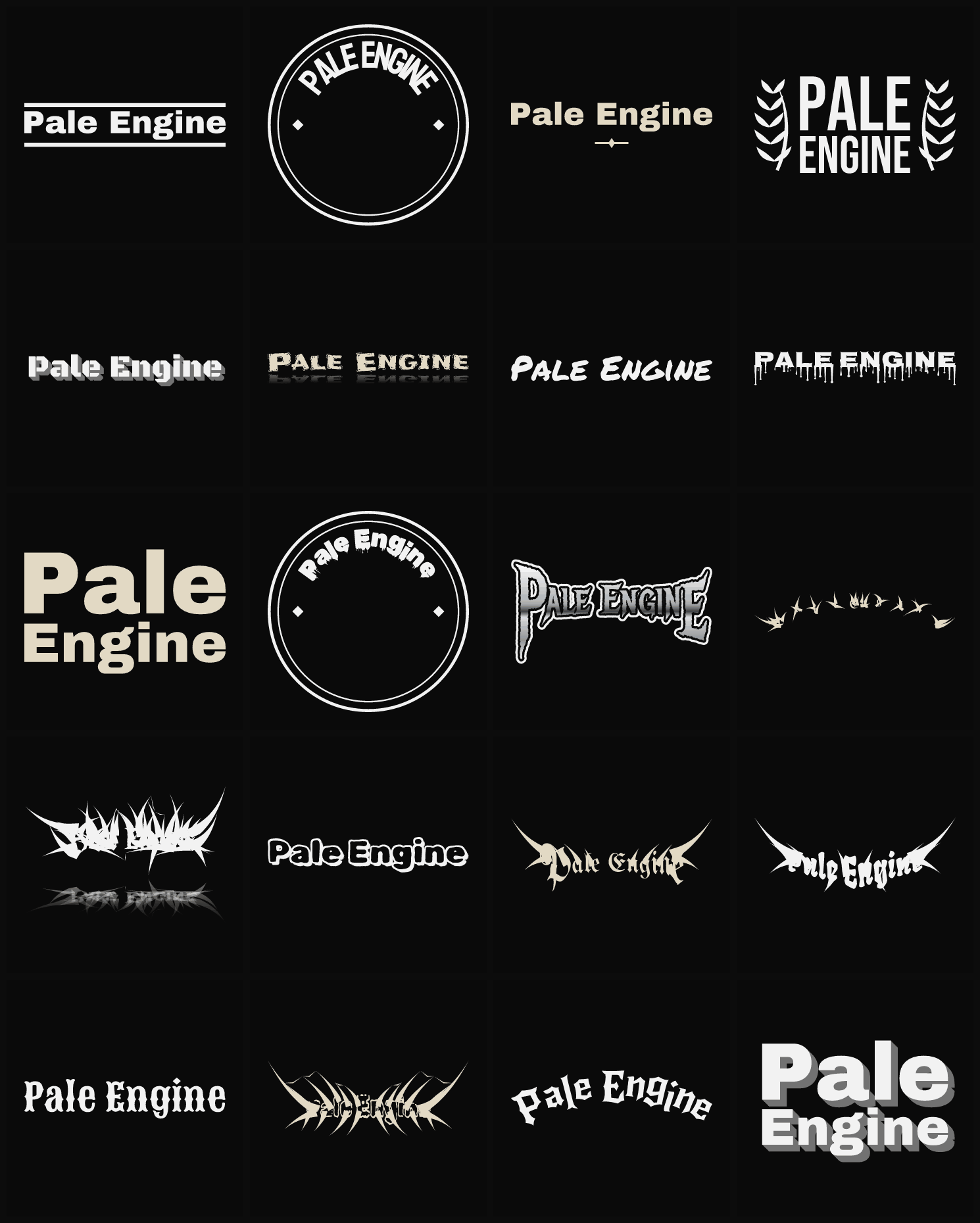 Twenty Pale Engine band logo ideas — different faces, treatments and spike settings