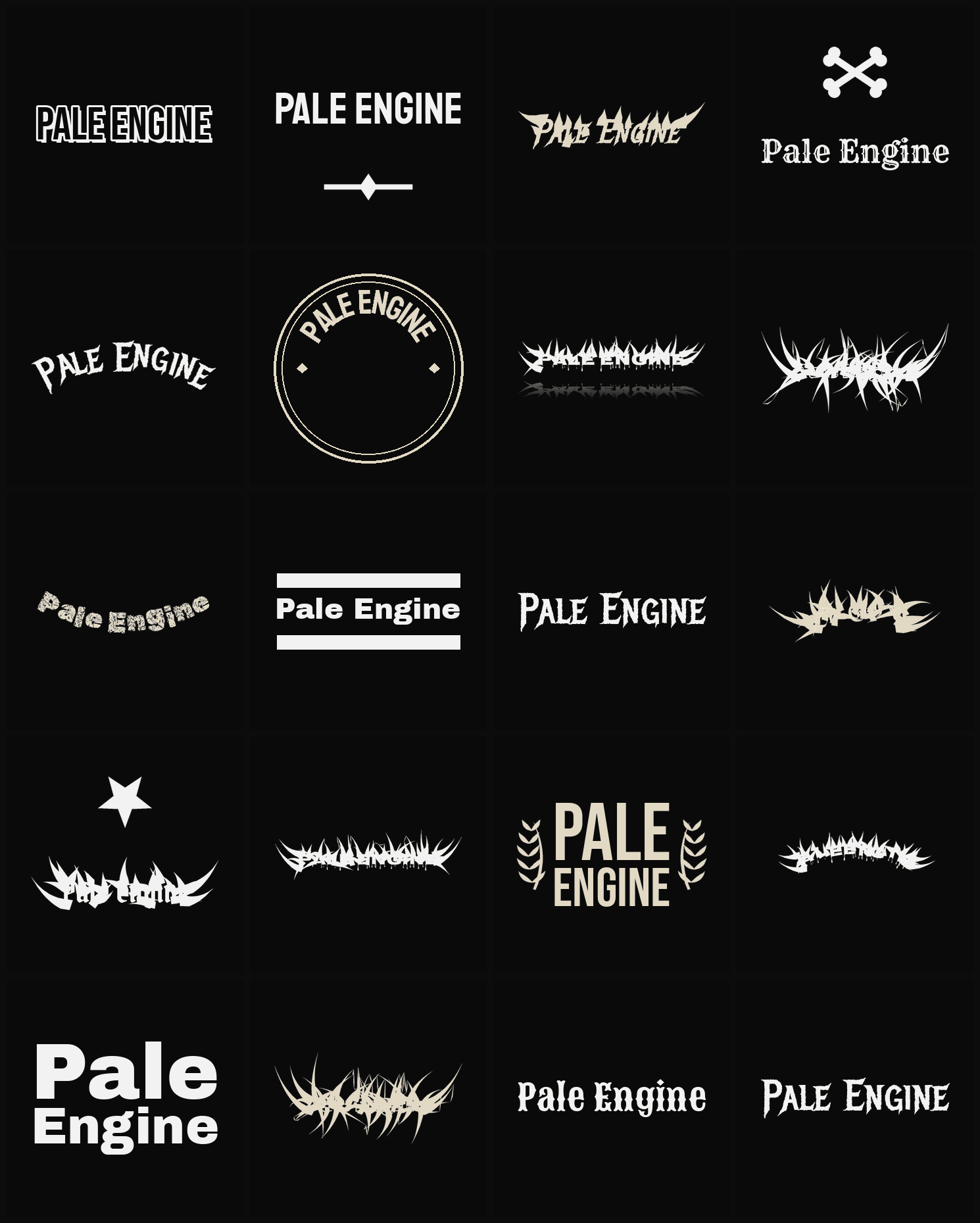Twenty Pale Engine band logo ideas — different faces, treatments and spike settings