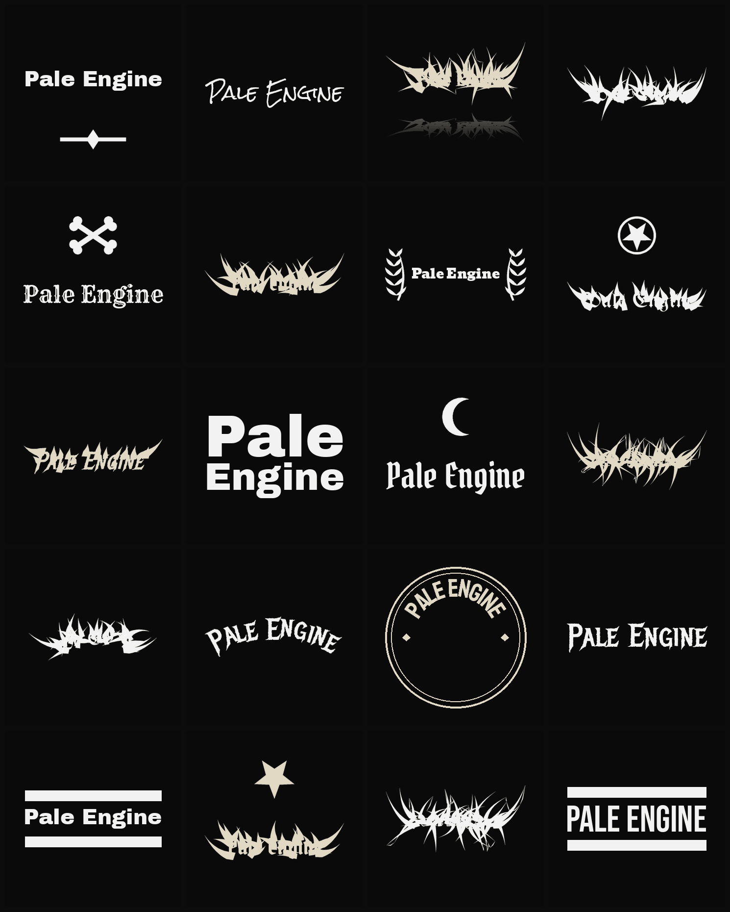 Twenty Pale Engine band logo ideas — different faces, treatments and spike settings