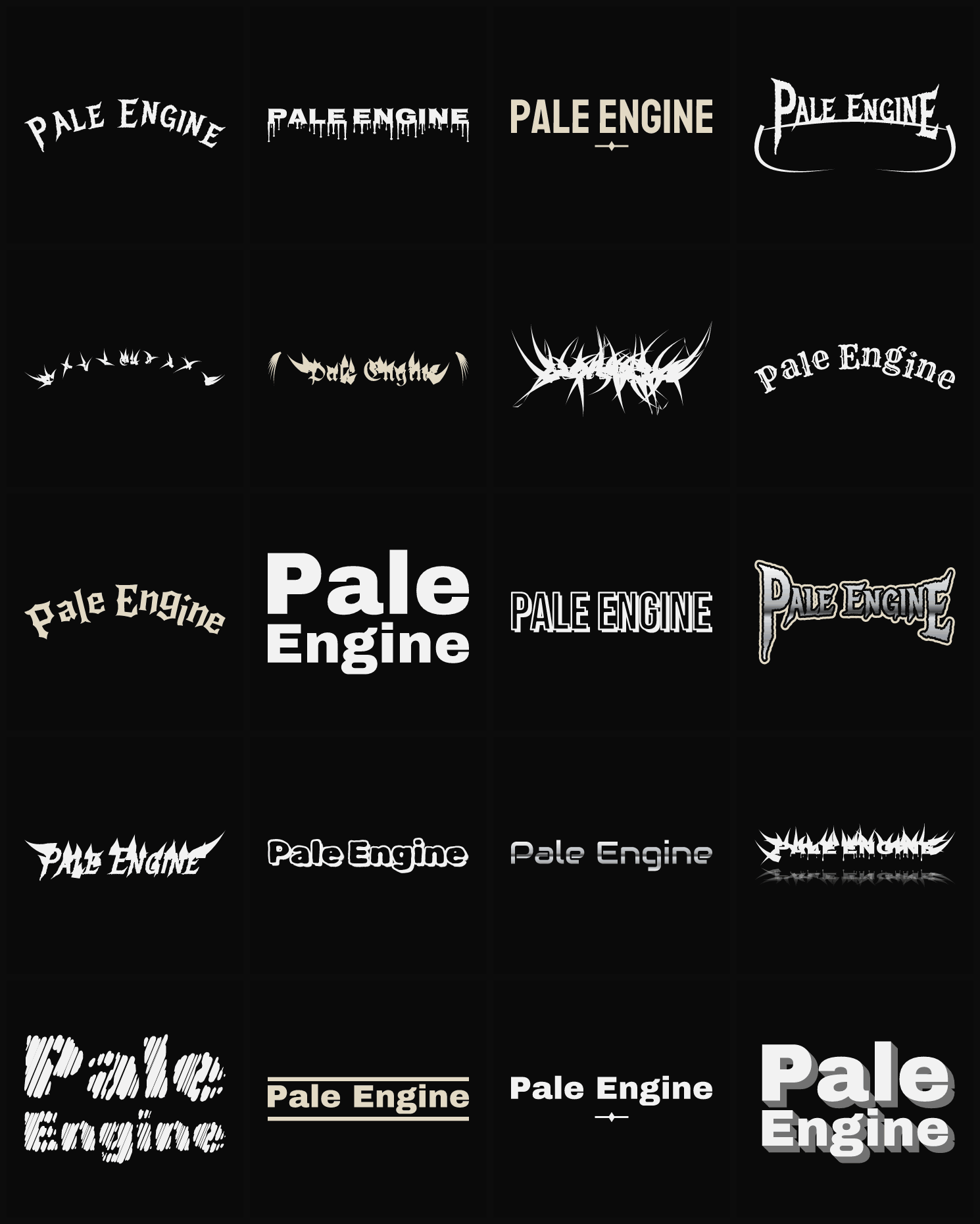 Twenty Pale Engine band logo ideas — different faces, treatments and spike settings