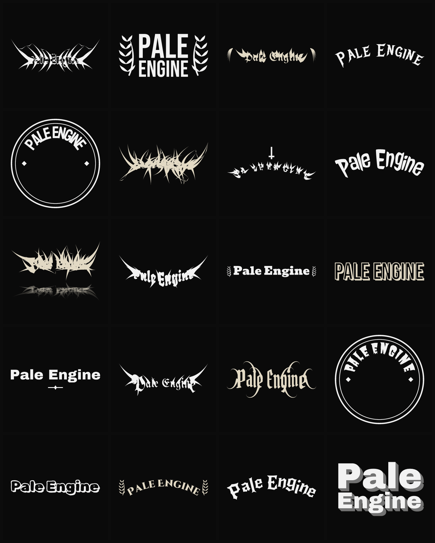 Twenty Pale Engine band logo ideas — different faces, treatments and spike settings
