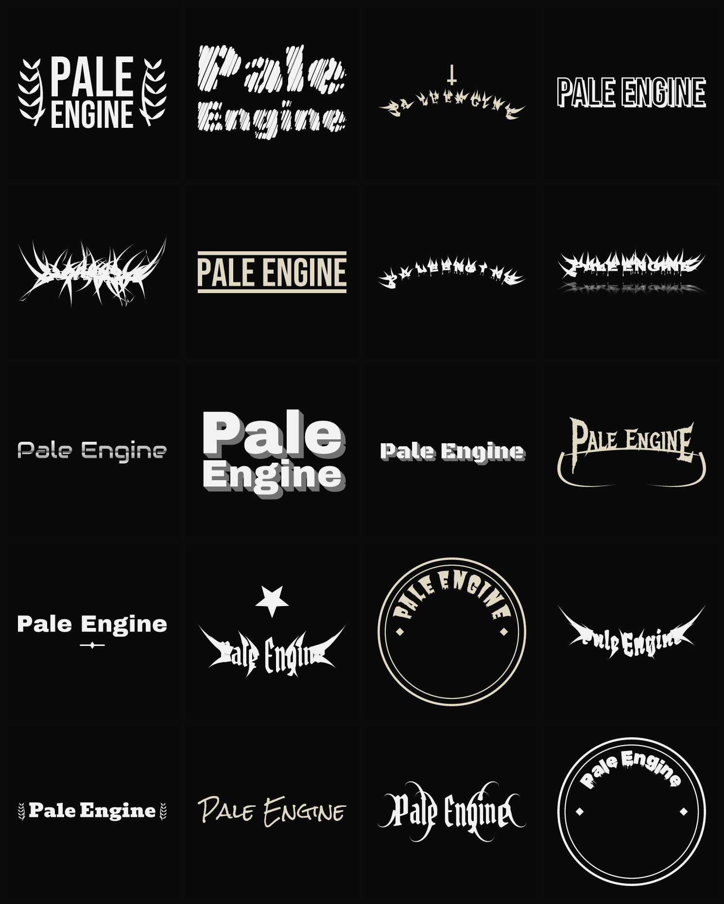 Twenty Pale Engine band logo ideas — different faces, treatments and spike settings