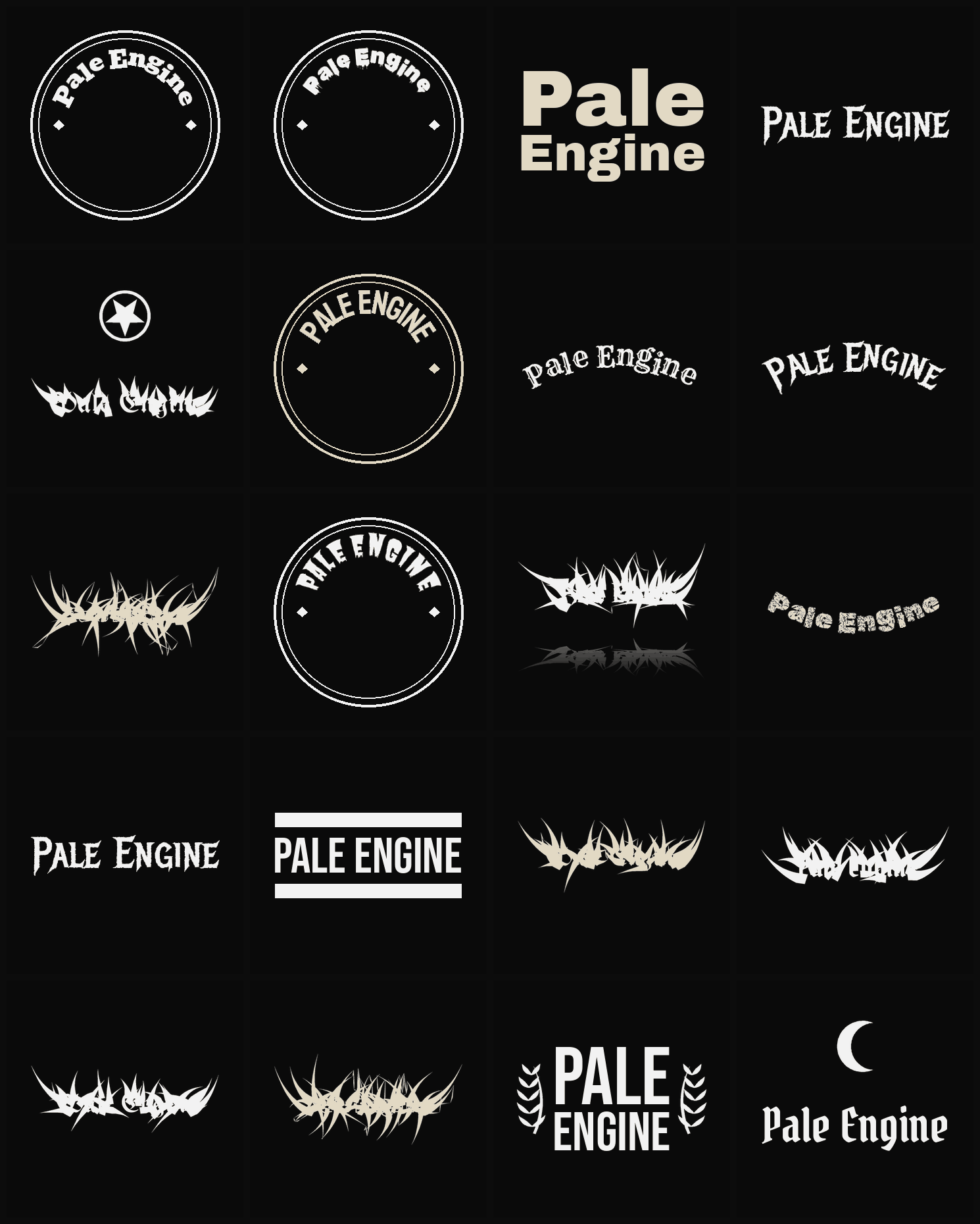 Twenty Pale Engine band logo ideas — different faces, treatments and spike settings