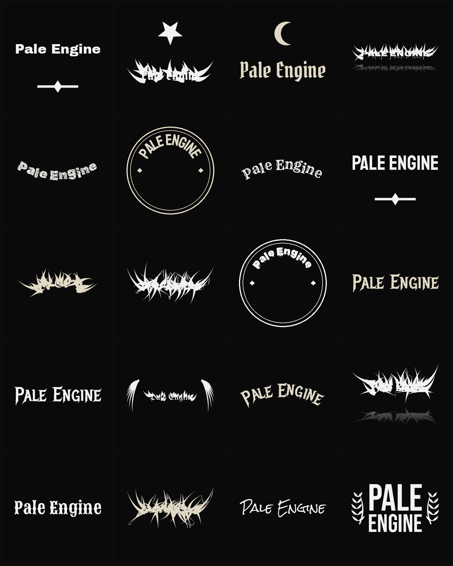 Twenty Pale Engine band logo ideas — different faces, treatments and spike settings