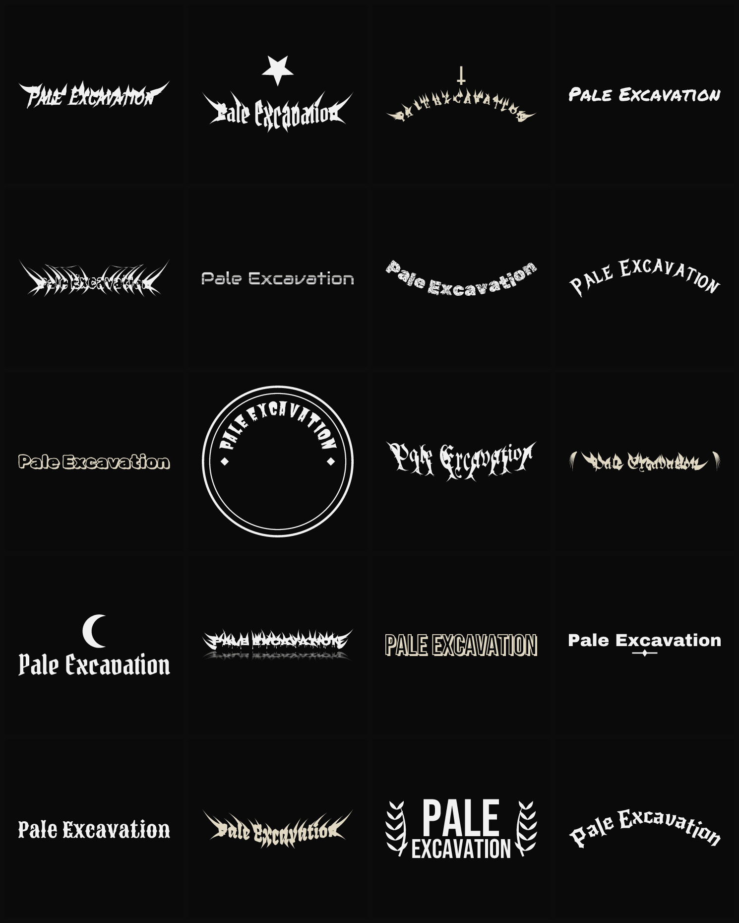 Twenty Pale Excavation band logo ideas — different faces, treatments and spike settings