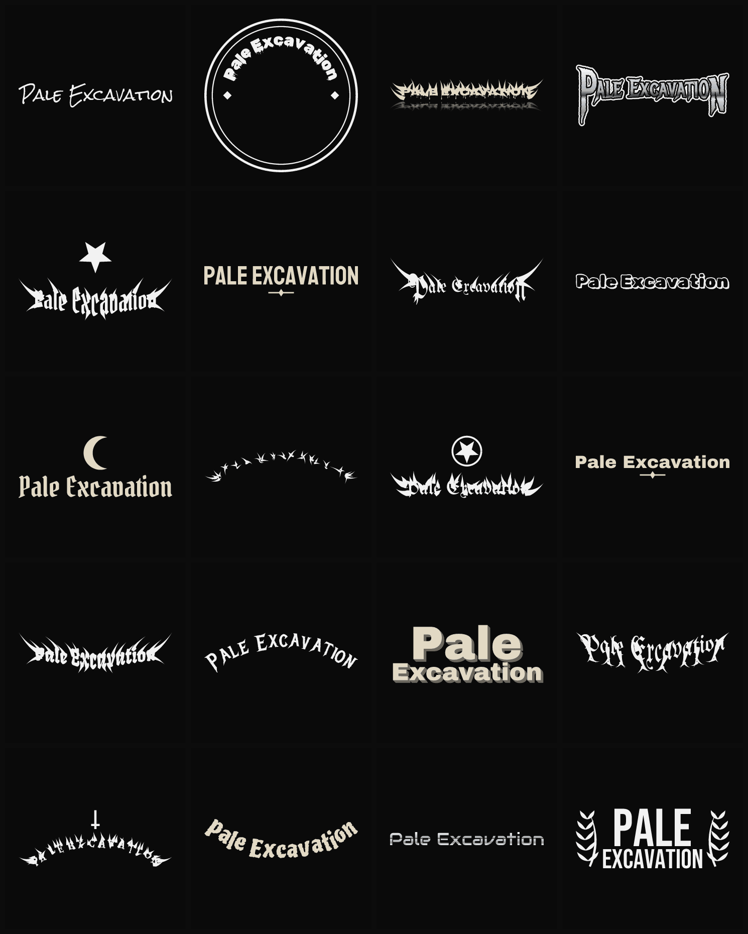 Twenty Pale Excavation band logo ideas — different faces, treatments and spike settings
