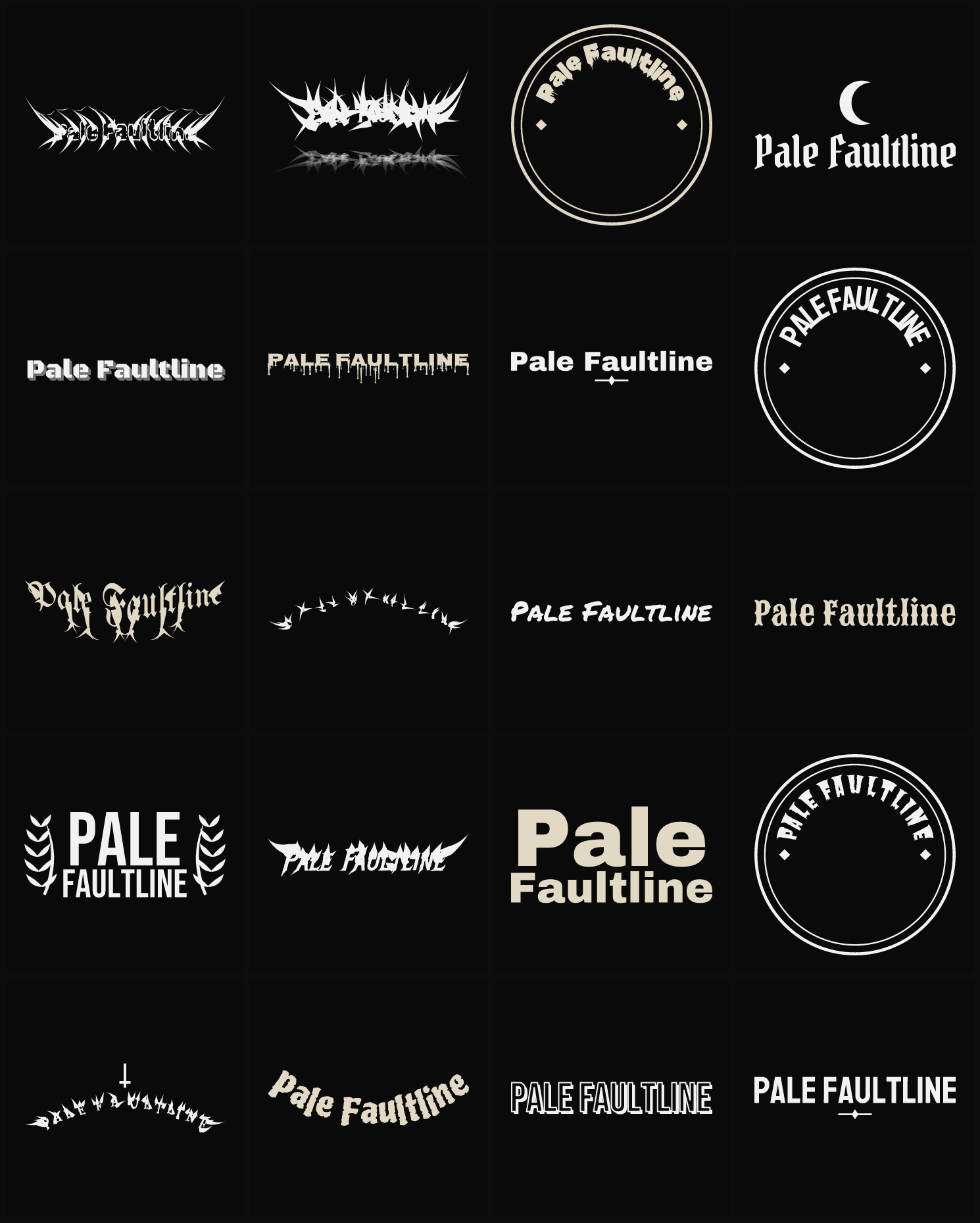 Twenty Pale Faultline band logo ideas — different faces, treatments and spike settings