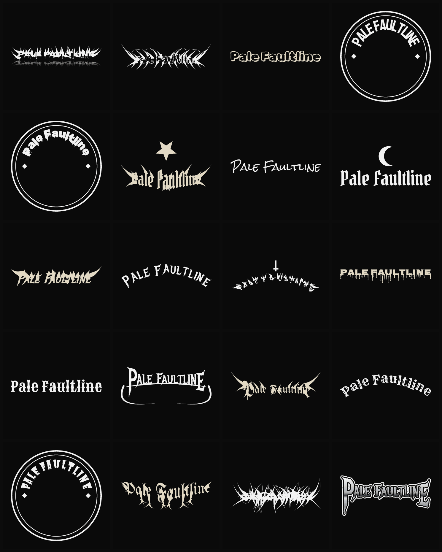 Twenty Pale Faultline band logo ideas — different faces, treatments and spike settings