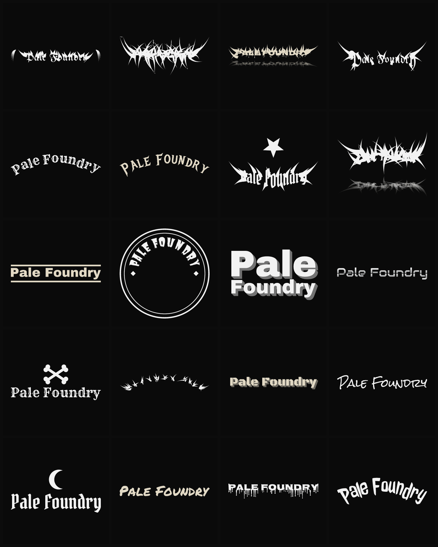 Twenty Pale Foundry band logo ideas — different faces, treatments and spike settings