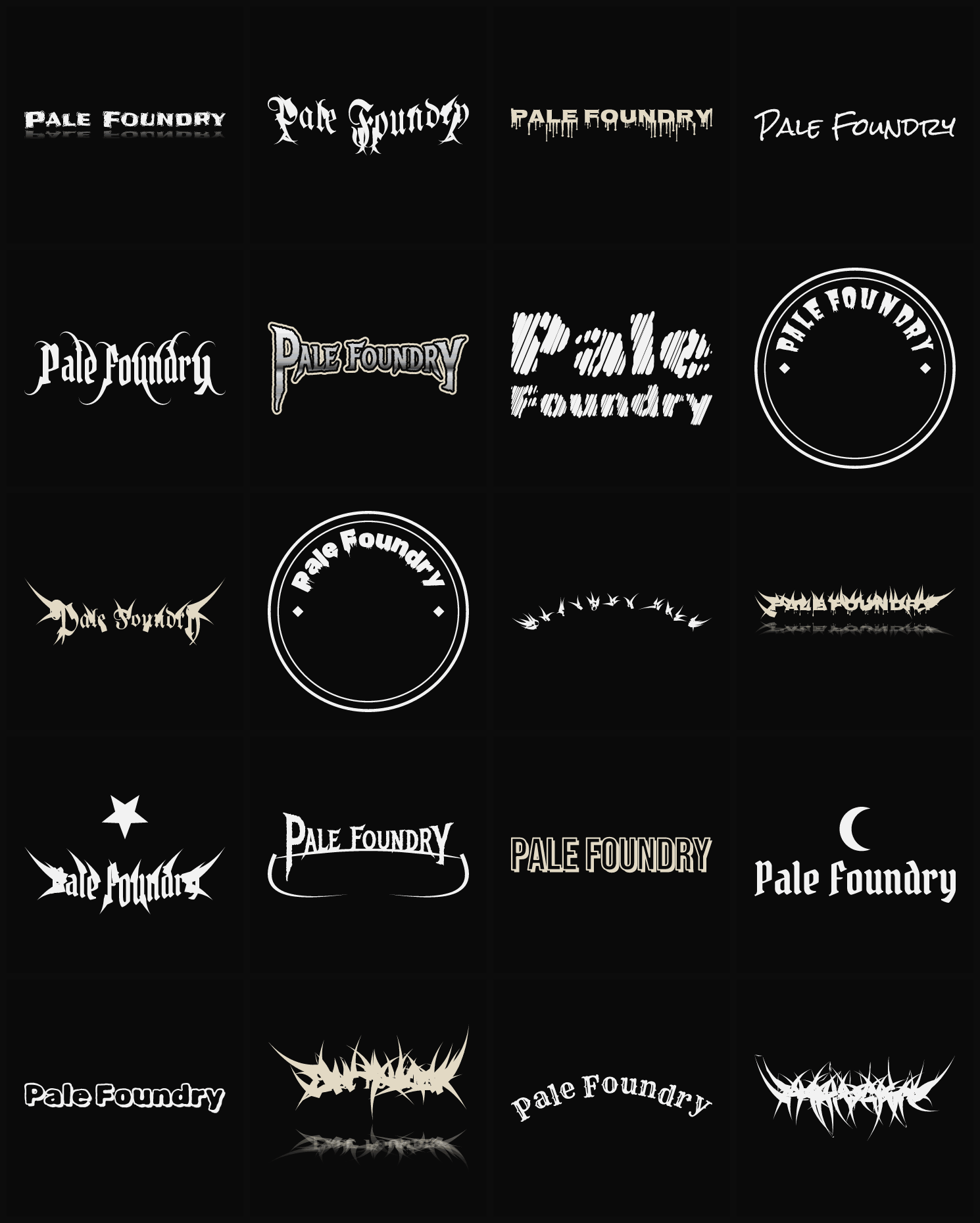 Twenty Pale Foundry band logo ideas — different faces, treatments and spike settings