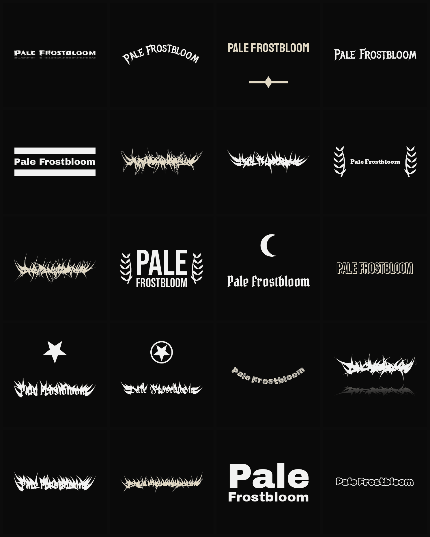 Twenty Pale Frostbloom band logo ideas — different faces, treatments and spike settings
