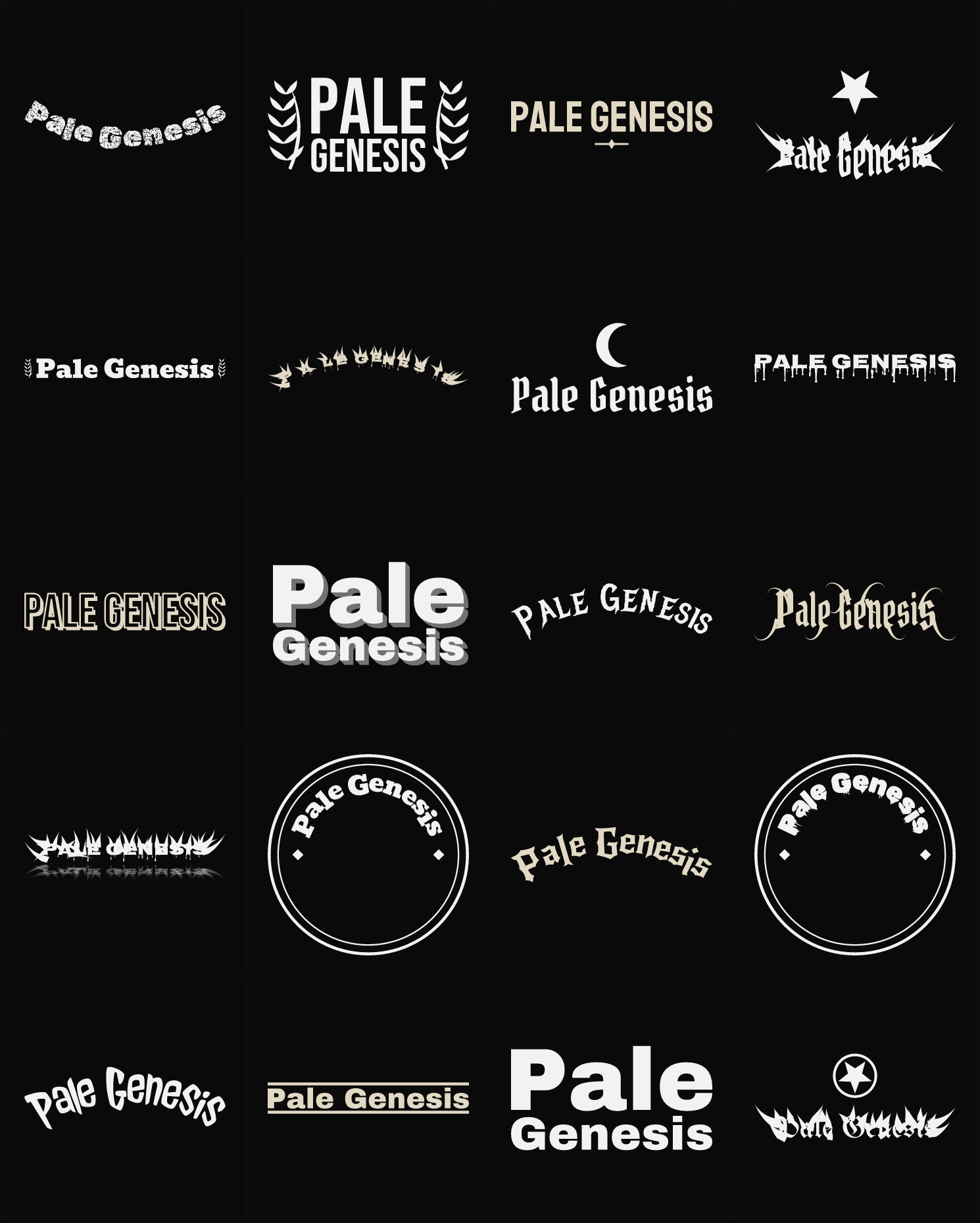 Twenty Pale Genesis band logo ideas — different faces, treatments and spike settings