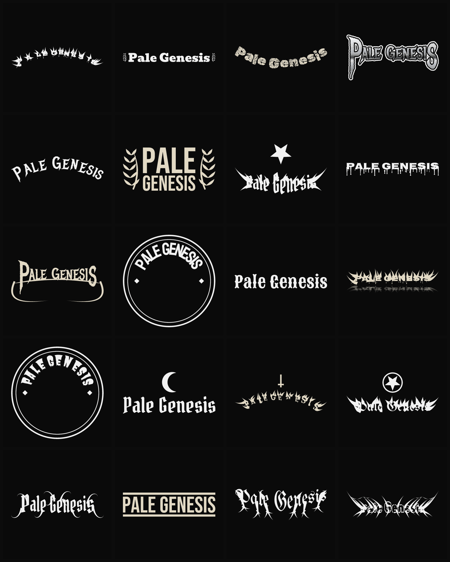 Twenty Pale Genesis band logo ideas — different faces, treatments and spike settings