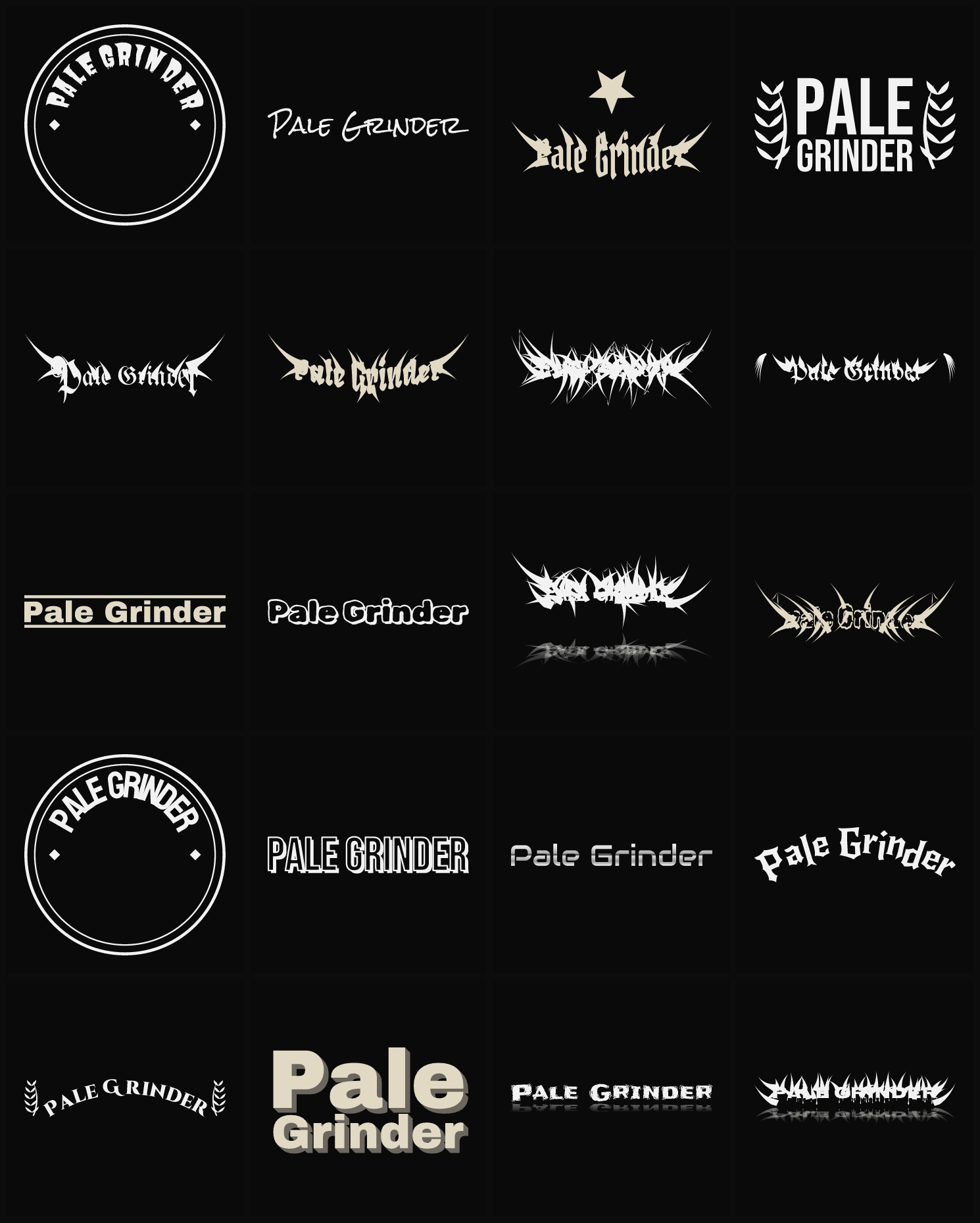 Twenty Pale Grinder band logo ideas — different faces, treatments and spike settings