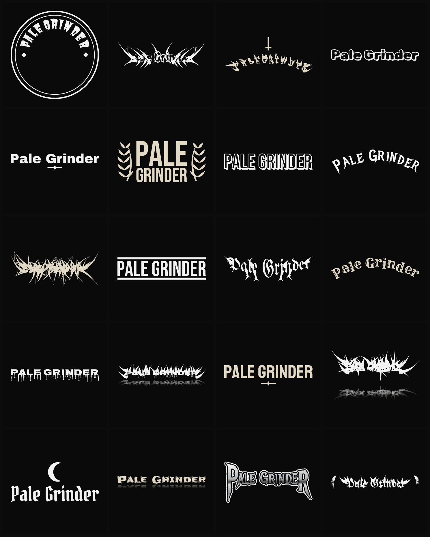 Twenty Pale Grinder band logo ideas — different faces, treatments and spike settings