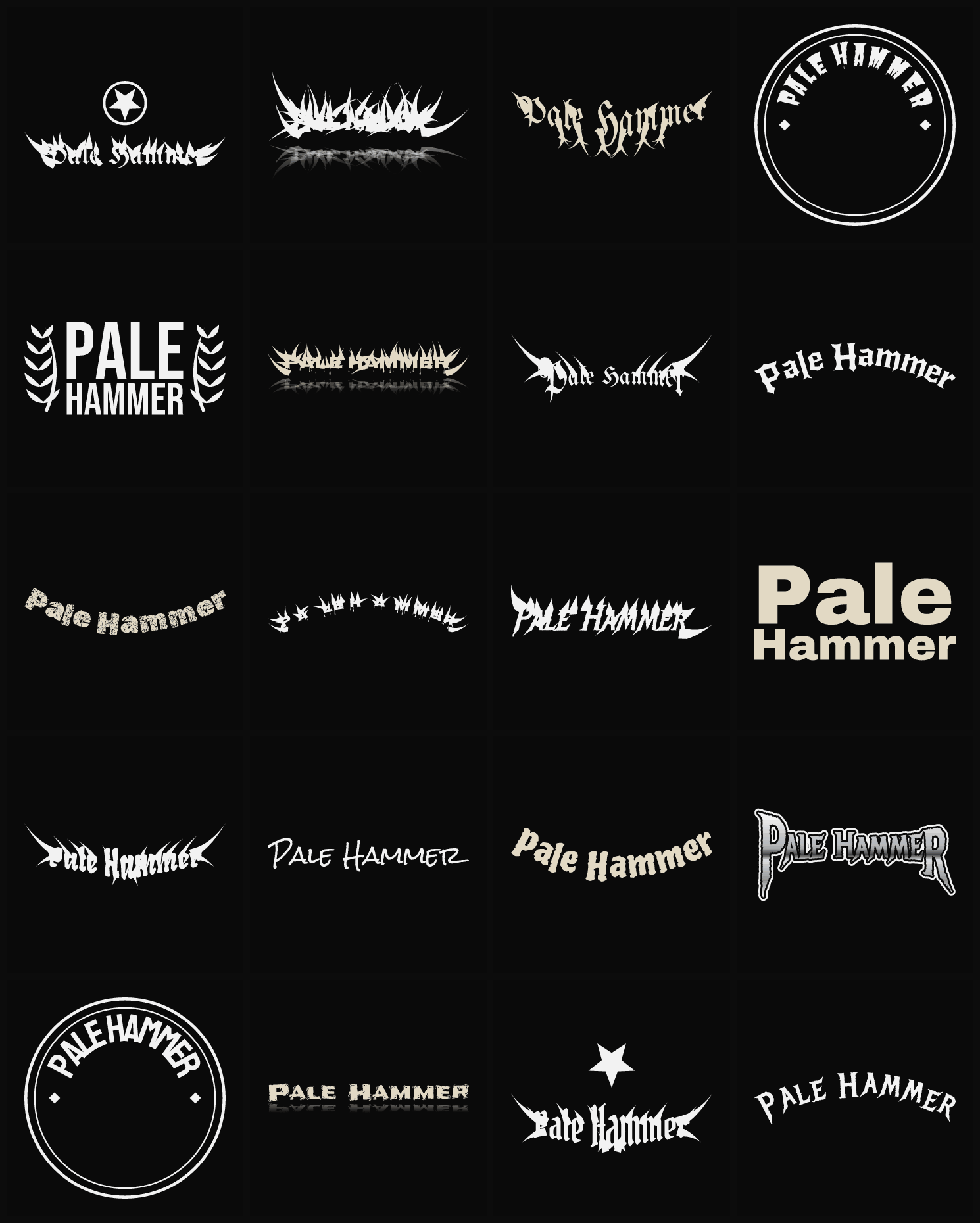 Twenty Pale Hammer band logo ideas — different faces, treatments and spike settings