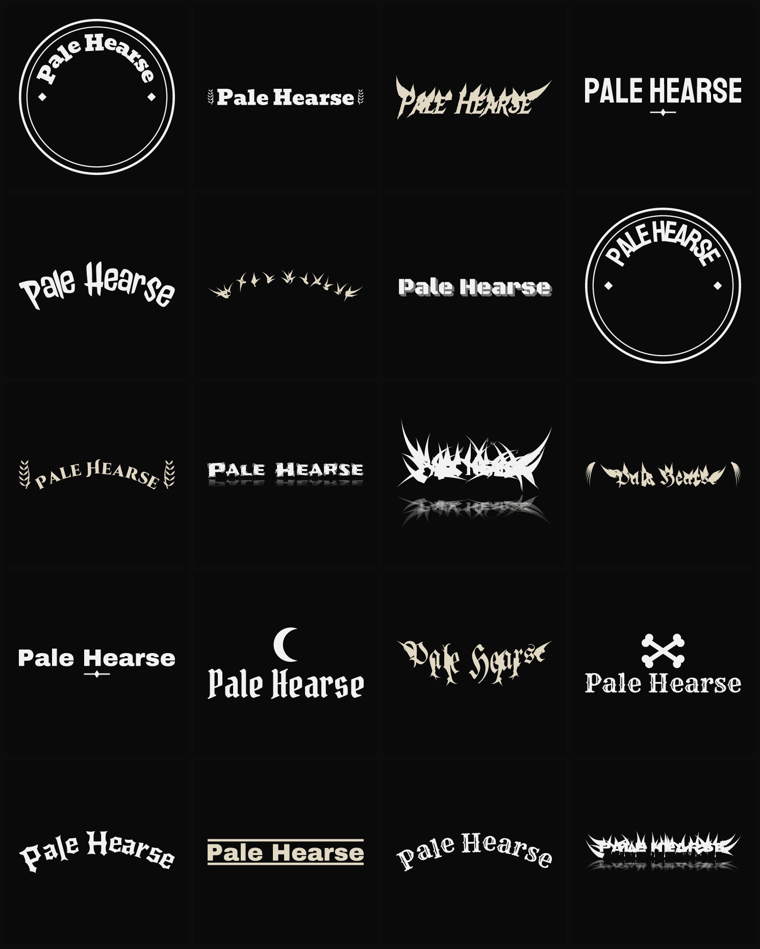 Twenty Pale Hearse band logo ideas — different faces, treatments and spike settings
