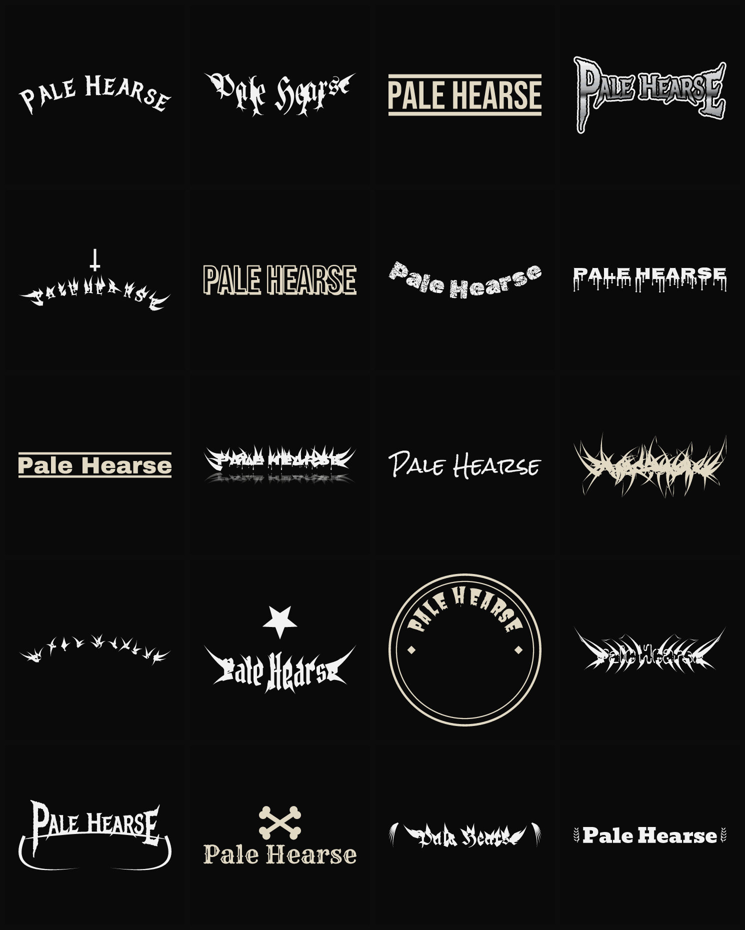 Twenty Pale Hearse band logo ideas — different faces, treatments and spike settings