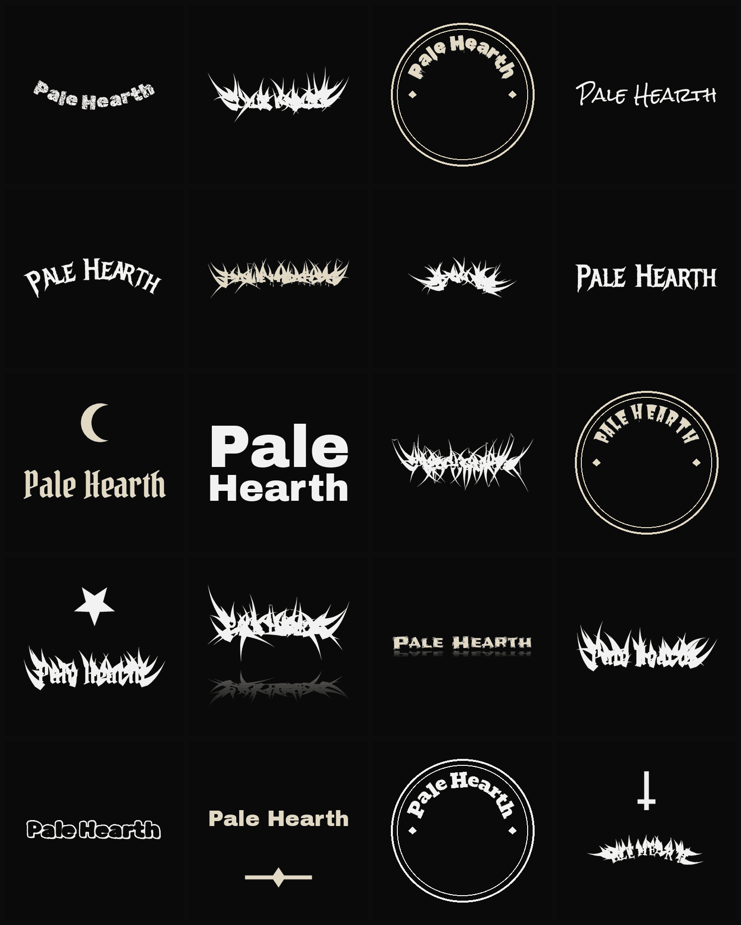 Twenty Pale Hearth band logo ideas — different faces, treatments and spike settings