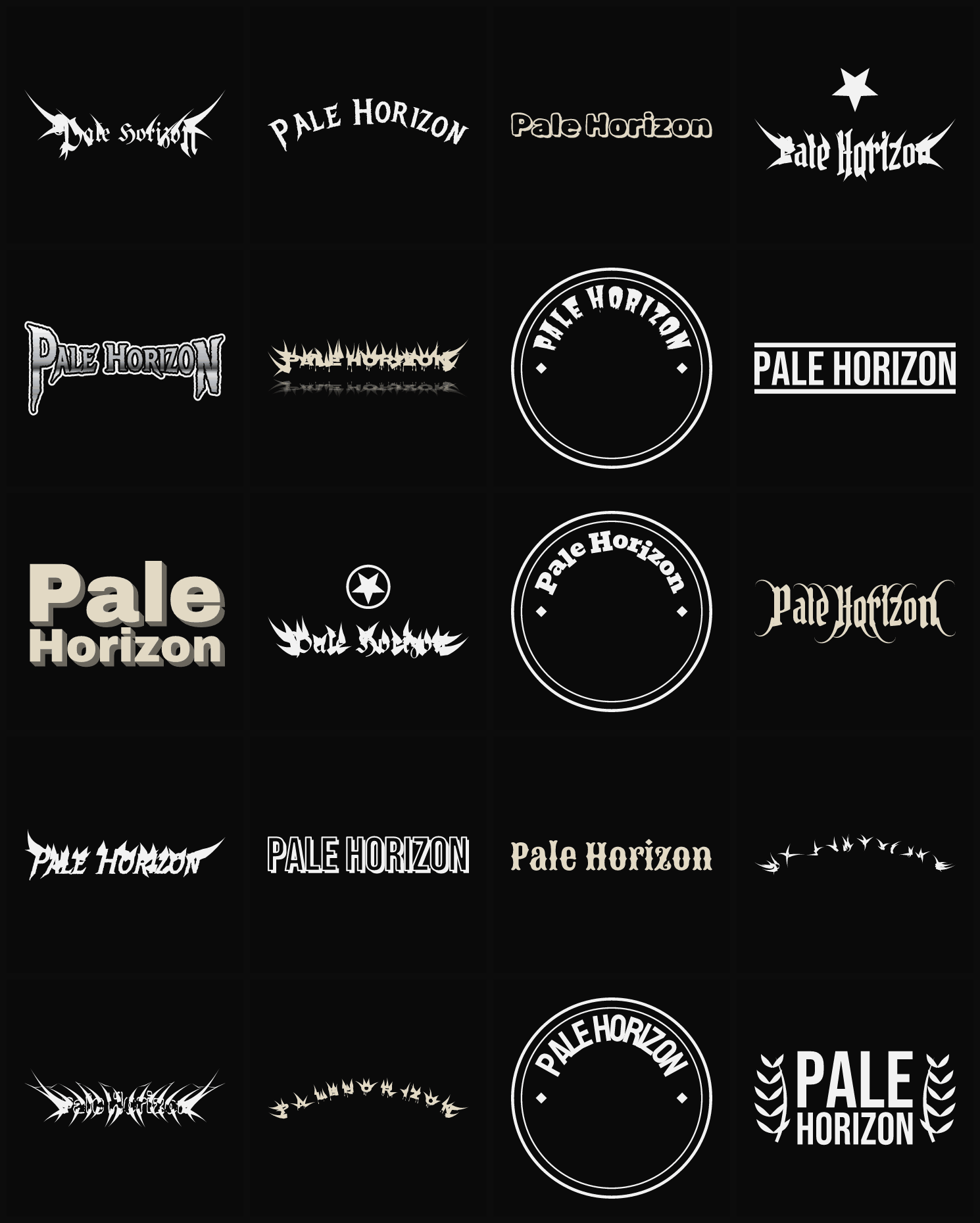 Twenty Pale Horizon band logo ideas — different faces, treatments and spike settings