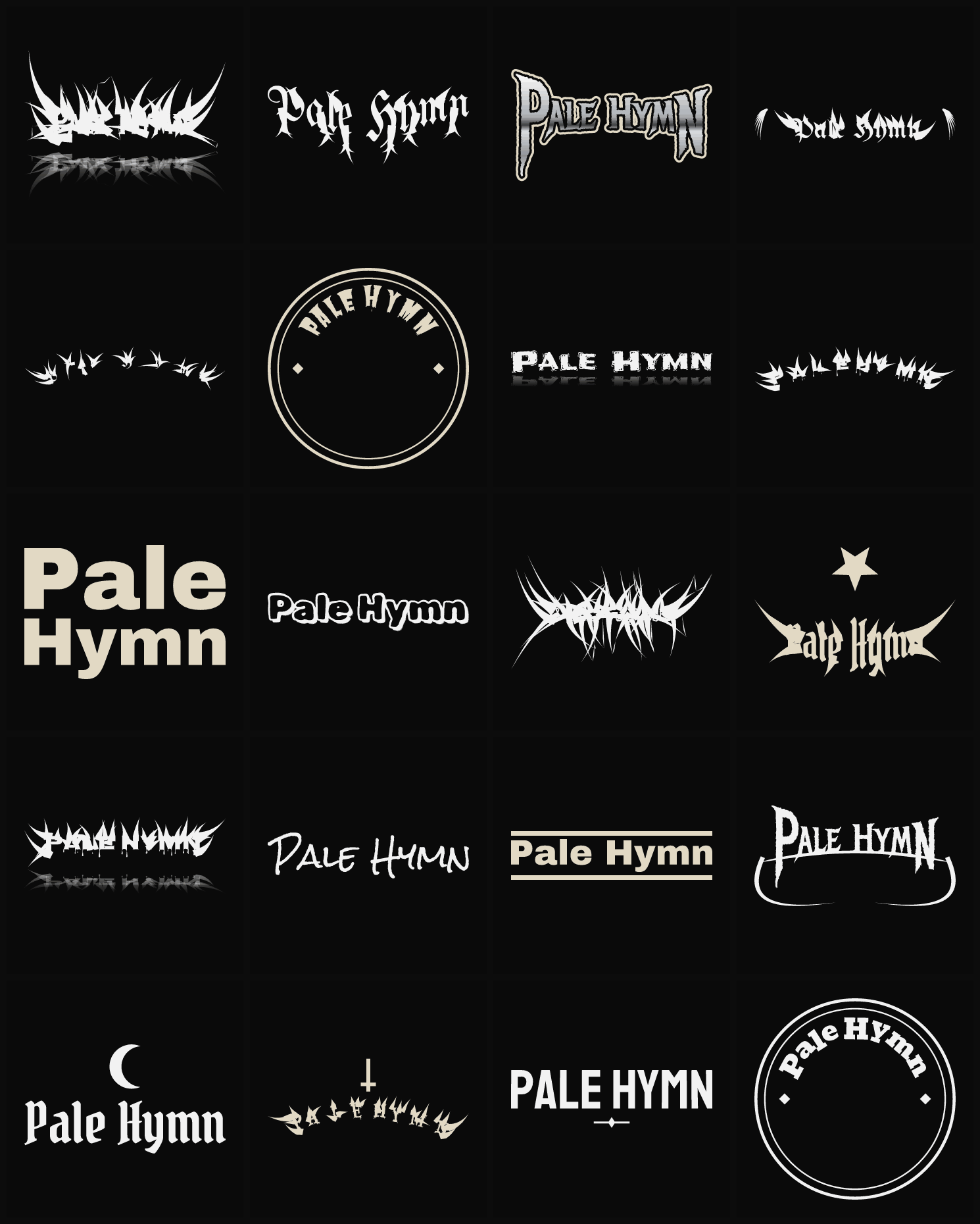 Twenty Pale Hymn band logo ideas — different faces, treatments and spike settings