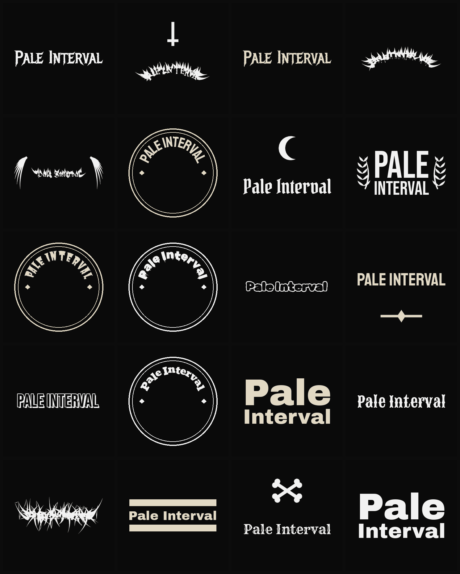 Twenty Pale Interval band logo ideas — different faces, treatments and spike settings