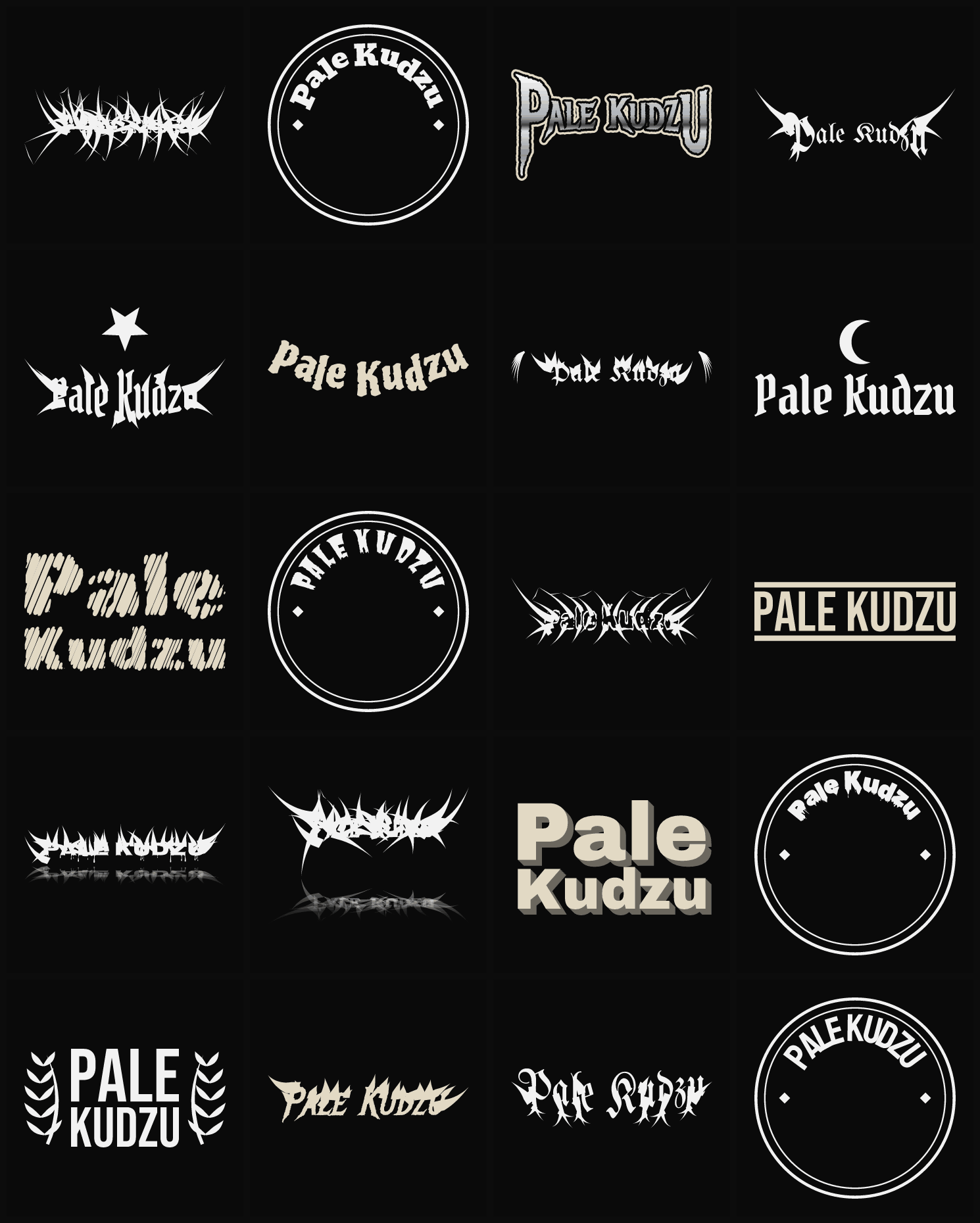Twenty Pale Kudzu band logo ideas — different faces, treatments and spike settings
