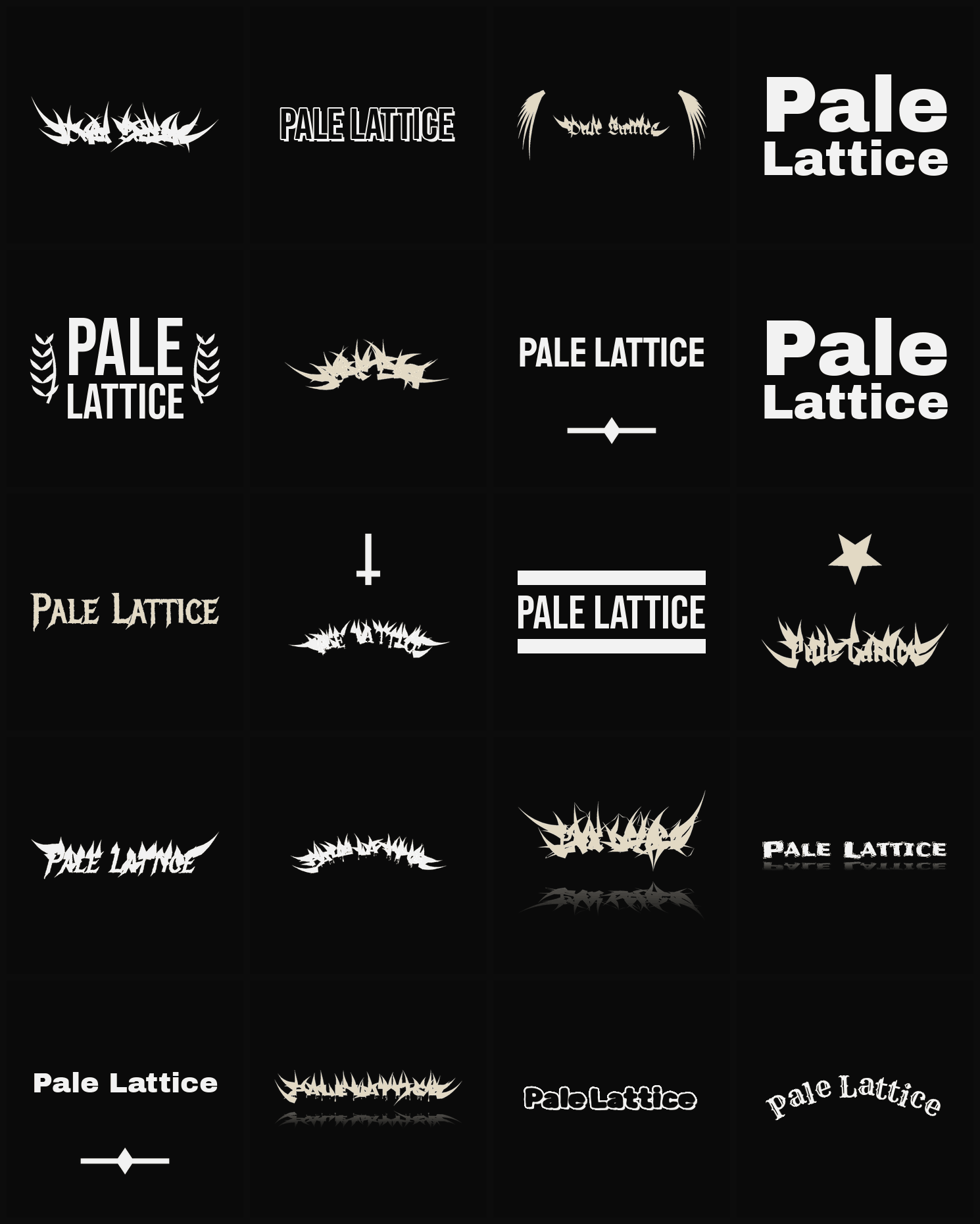 Twenty Pale Lattice band logo ideas — different faces, treatments and spike settings