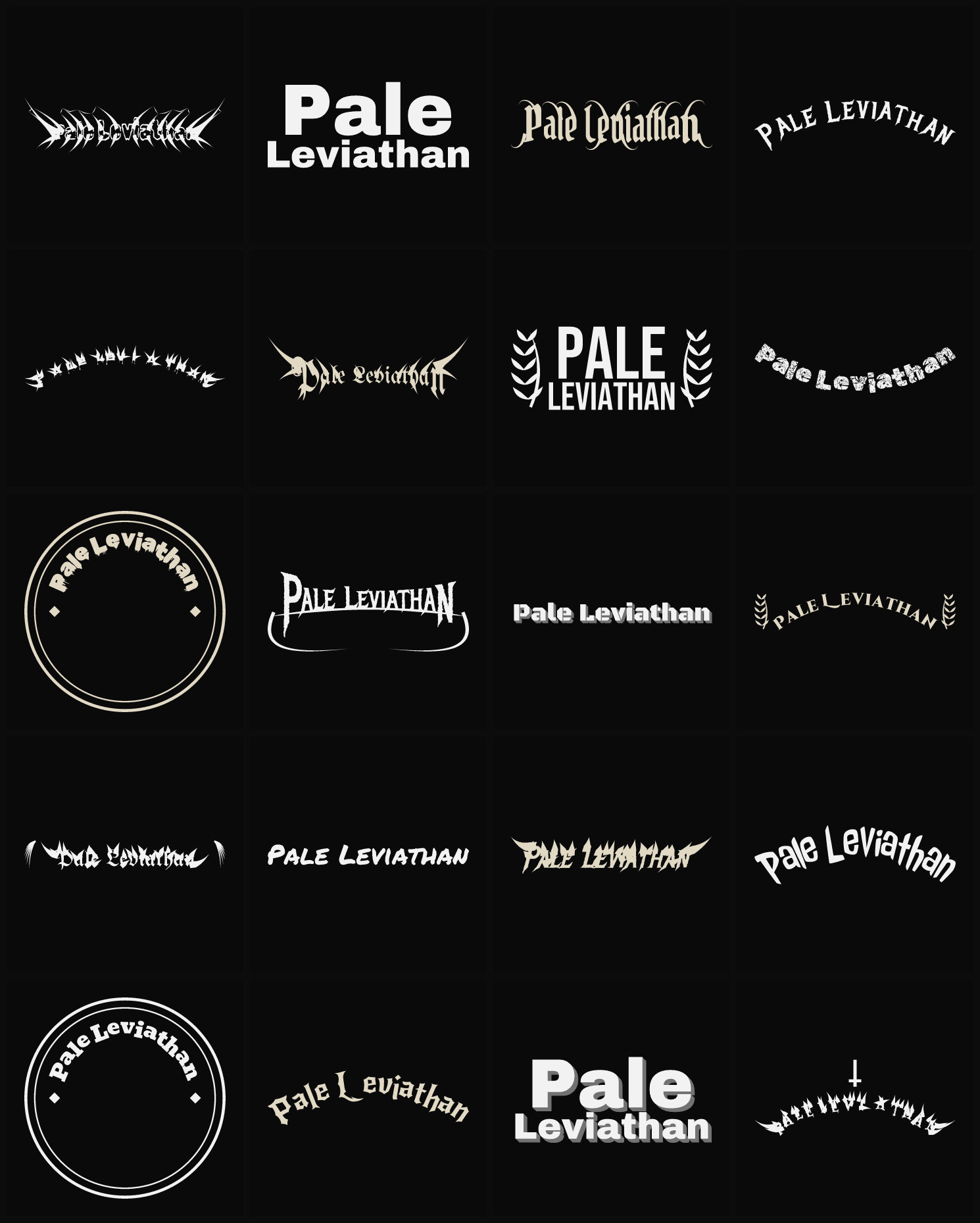 Twenty Pale Leviathan band logo ideas — different faces, treatments and spike settings