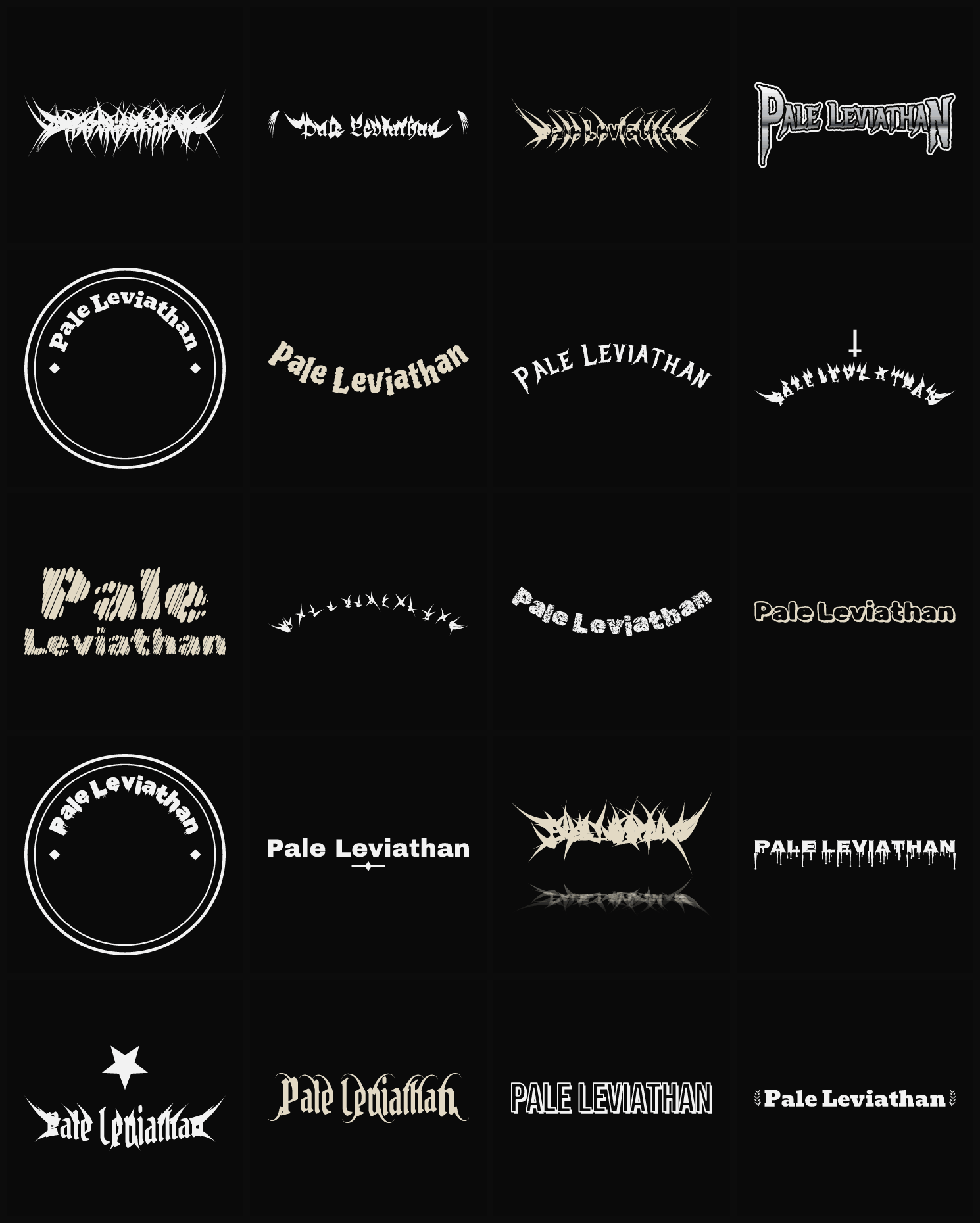 Twenty Pale Leviathan band logo ideas — different faces, treatments and spike settings